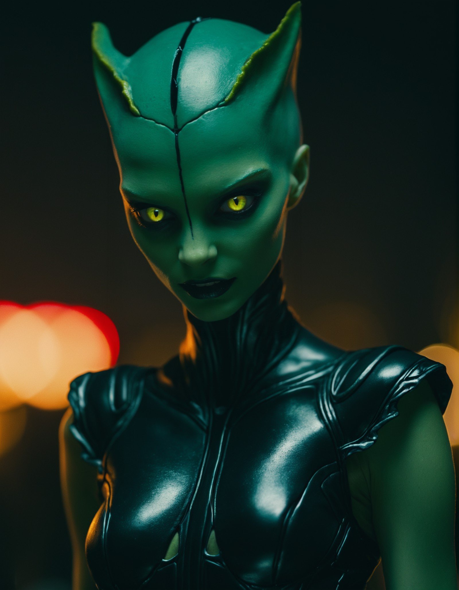 <lora:alienxl:1> (closeup:1.1) cinematic shot, portrait of a ([alien : creature : science fiction woman]:1.1), green colored skin, black eyes, sharp teeth, wearing  cyberpunk dress, small breasts, red eyes, science fiction club at night, volumetric lightingBREAK focus stacking, 8k, UHD color RAW photo, detail, film grain, (Fujifilm X-T30 II Mirrorless Camera, ƒ/22, ISO 200, 35mm lens), (sharp focus:1.1)