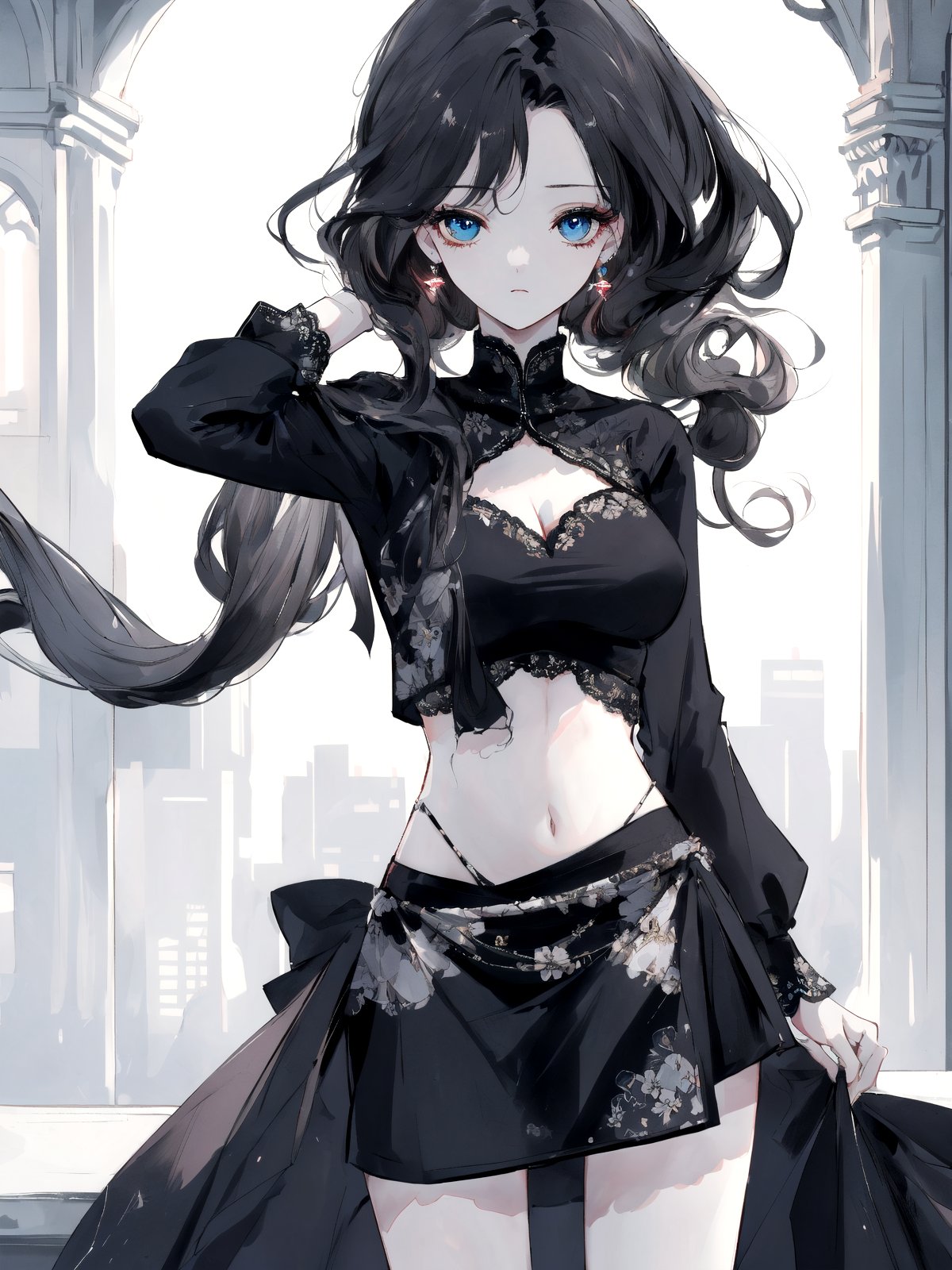 {{{{{masterpiece}}}}},{{{{best quality}}}},illustration,{{beautiful detailed girl}},(((beautiful detailed lighting))),beautiful detailed eyes,(((((disheveled hair))))),{{{beautiful detailed dress}}},midriff,{{female girl}},