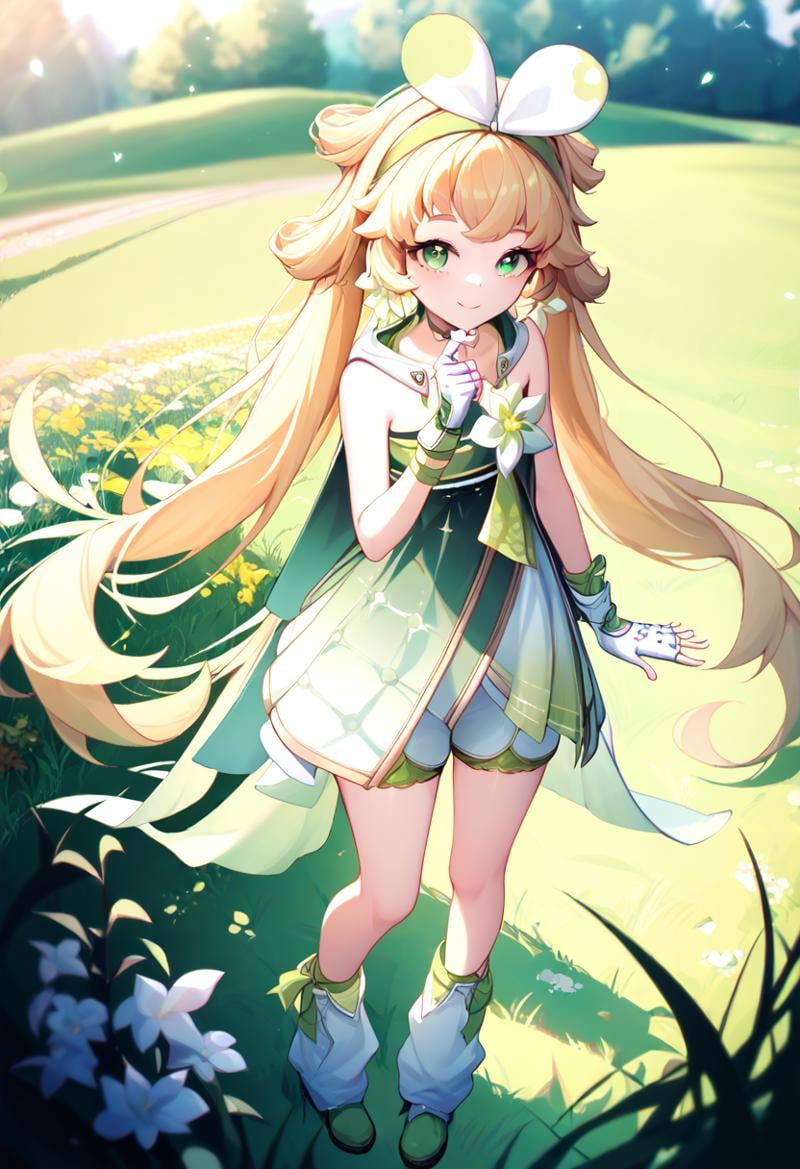 cute anime style, masterpiece, best quality, 1girl, V3r1n4, verina \(wuthering waves\), blonde hair, green eyes, green dress, white shorts, white gloves, fingerless gloves, flower earrings, <lora:Verina_v1:1>, outdoors, field, standing, looking at viewer