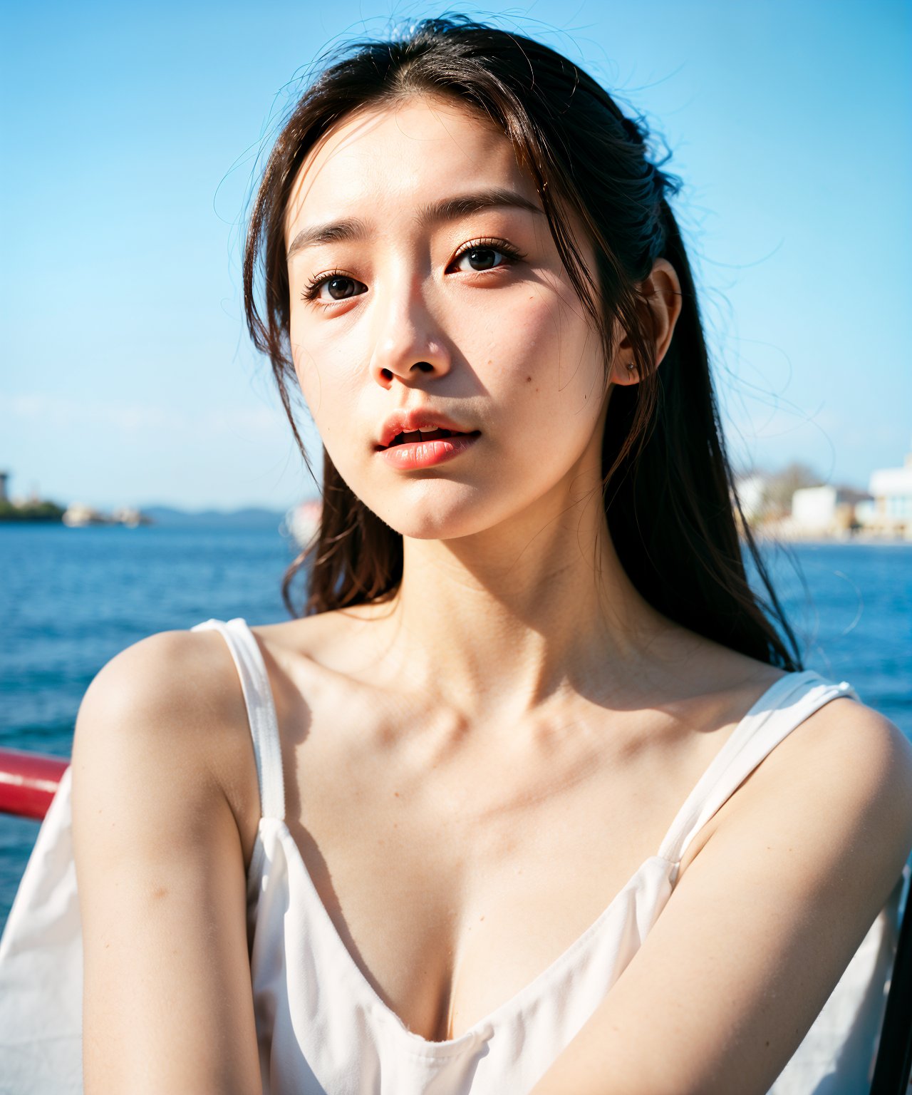 Best quality, masterpiece, film grain, photo by fuji-proplus-ii film, portrait, close up, raw photo of 20 years old woman, waist up, blue sky, outdoor, high key light, soft shadow, dark theme, <lora:hinaFilmFujiProPlusII_v1:0.6>