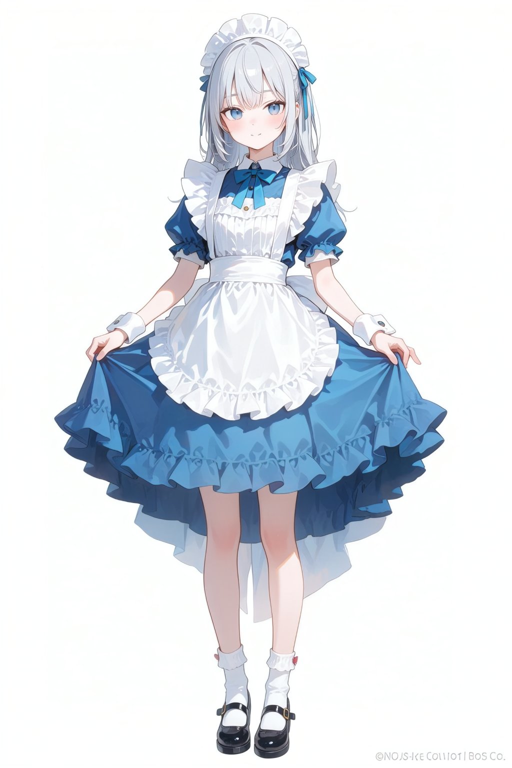 has white hair that stops at the shoulders,  has blue eyes,  wears a blue maid dress with a ruffled skirt that is above kn...