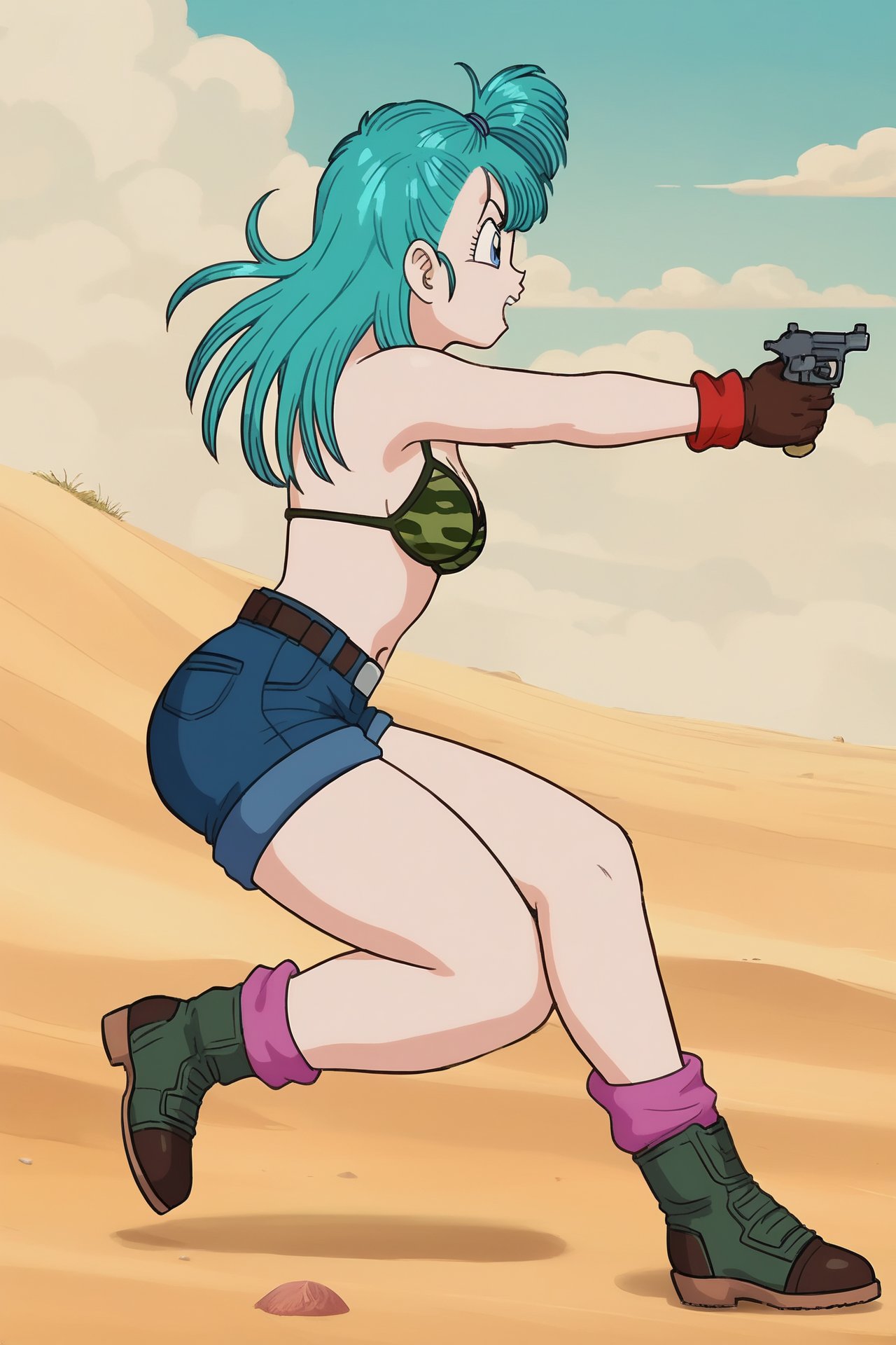 source_anime, score_9, score_8_up, score_7_up, anime screencap, bulma \(dragonball\), 1girl, solo, long hair, breasts, open mouth, sand, gloves, navel, holding, cleavage, medium breasts, swimsuit, full body, weapon, bikini, boots, shorts, socks, belt, gun, short shorts, aqua hair, profile, one side up, blue background, denim, bandaid, bikini top only, handgun, desert, denim shorts, holster, green bikini, camouflage, from side, green footwear, red_legwear, aiming, thigh holster, serious, v-shaped eyebrows, <lora:bulma_pony_v1:0.8>