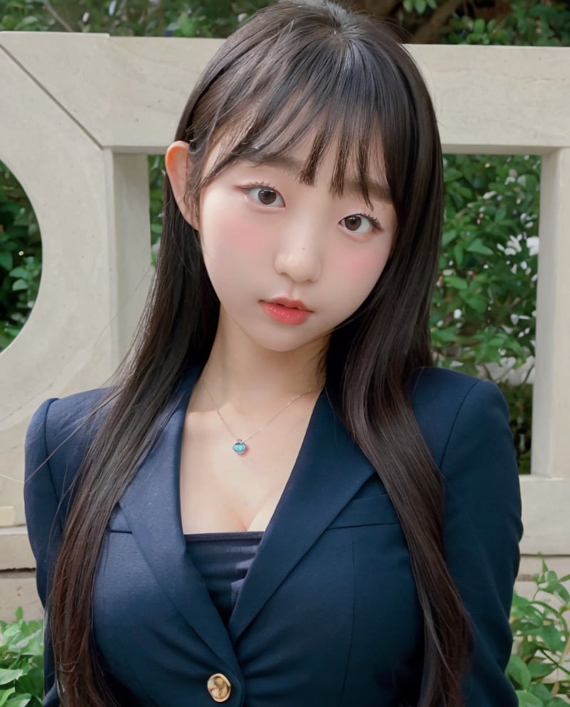 a photography of eunji,black hair, realistic, photorealistic, detailed skin, surface scattering, bokeh, skin pores,   <lora:eunji:1> wearing a suit