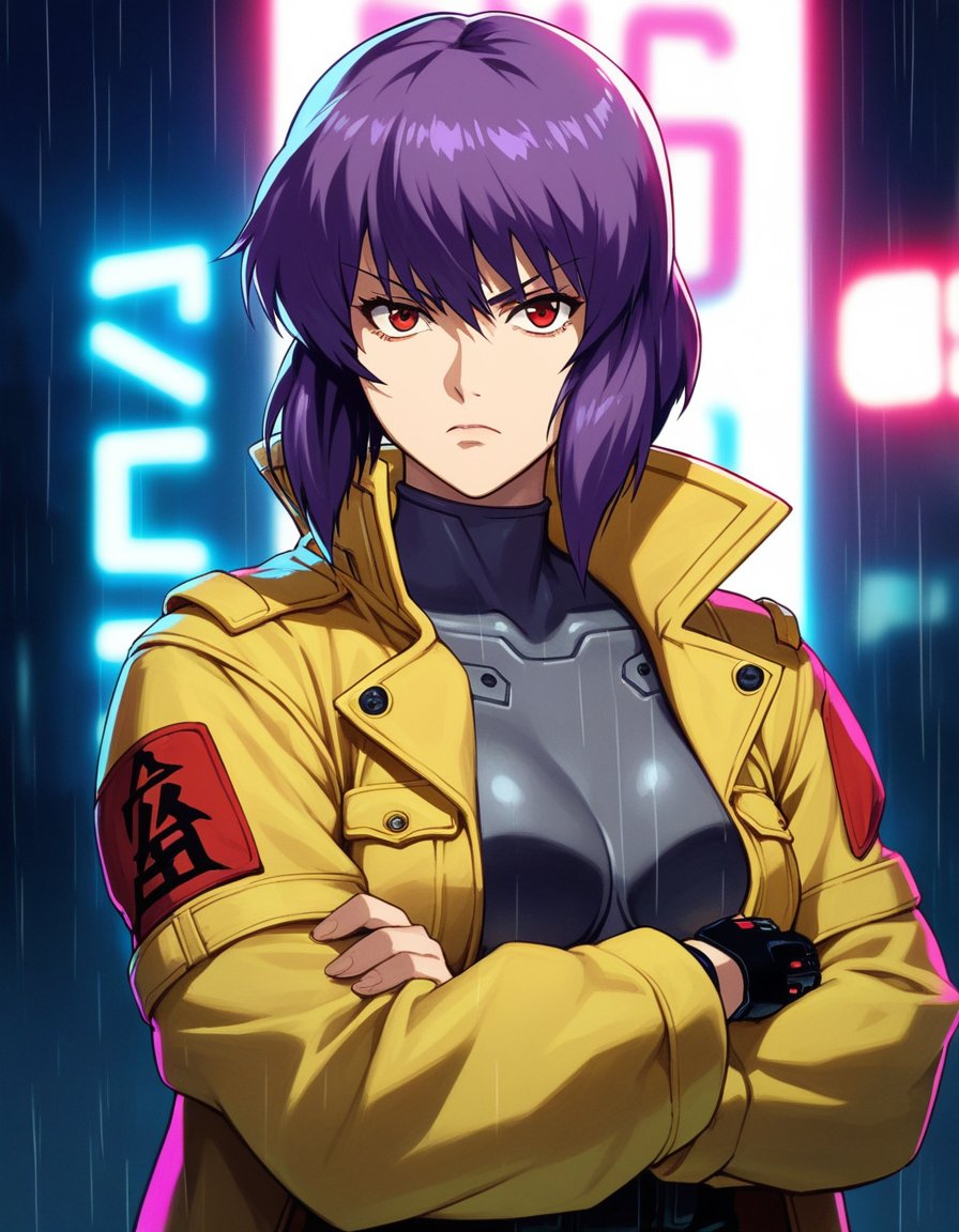 score_9, score_8, score_7, source_anime,rating_safe,1girl, solo,kusanagi motoko, ghost in the shell, purple hair, red eyes, military uniform, yellow coat,handgun, serious, night, rain, neon lights, cyberpunk