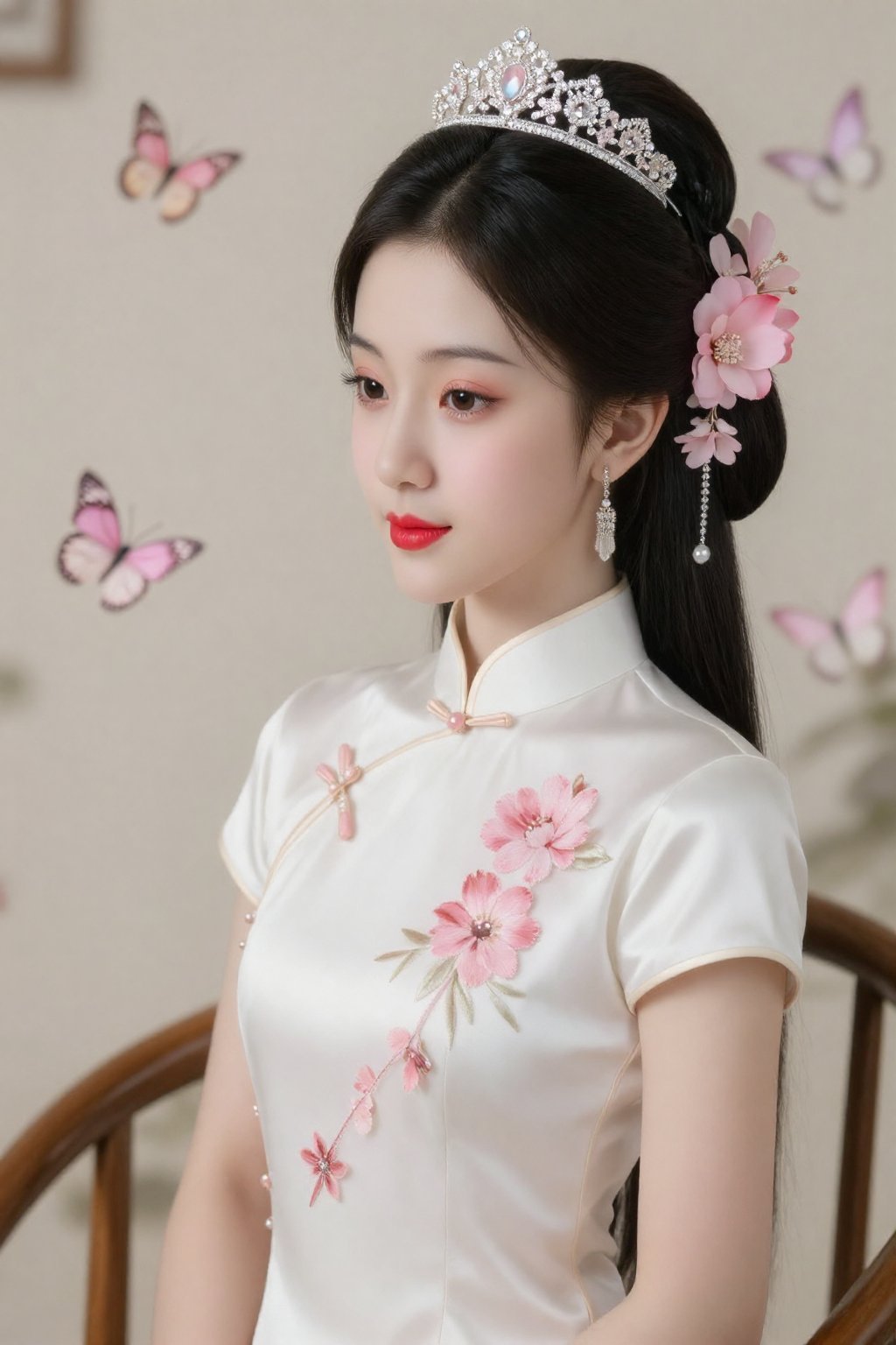 照片中是一位肤色白皙的亚洲女性,  身着优雅的传统白色旗袍,  上面绣着粉色花卉图案。她乌黑的长发高高盘起 by 天TIN on Tensor.Art