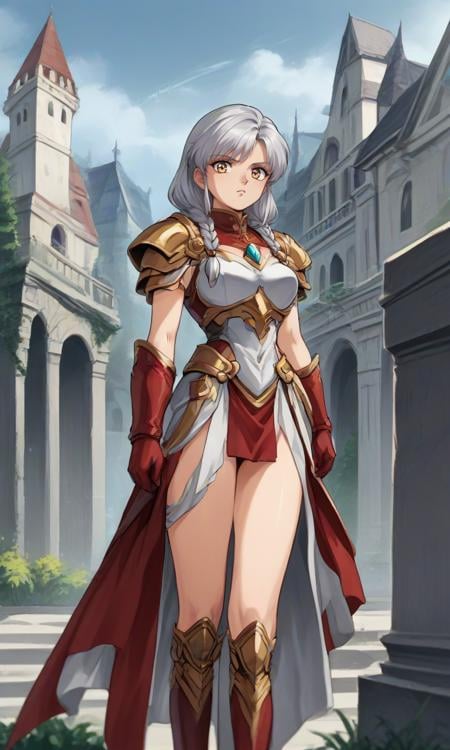 score_9, score_8_up, score_7_up, score_6_up, score_5_up, score_4_up, source_anime, BREAK, 1girl, silver hair, long hair, twin braids,  swept bangs,  yellow eyes,  (leg armor:1.1), white armor,  jewelry, chest jewel, red gloves, standing, serious, sword, outdoors, castle, architecture, european architecture, retro artstyle, <lora:PonyOldSchoolV2-08:1> 