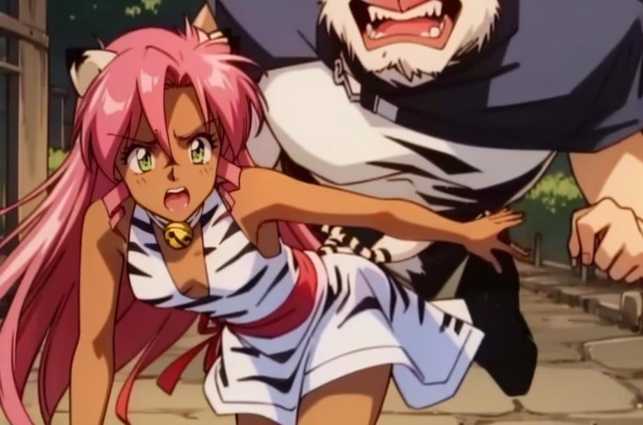 1girl, 1boy, 90's anime style, PinkCzar, ((white tiger ears), (white tiger tail), long hair, pink hair, sidelocks, green eyes, small breasts, choker, bell), (tiger print, slit dress, red sash), (Werewolf, Monster, Incoming attack, attack, horror, scared, mouth open, running, running away), (masterpiece:1.2), hires, (detailed face:1.2), (detailed eyes:1.2), ultra-high resolution, 8K, high quality, (sharp focus:1.2), clean, crisp, cinematic, <lora:Pink-18:0.8>, <lora:werewolf_v0.2:1> 