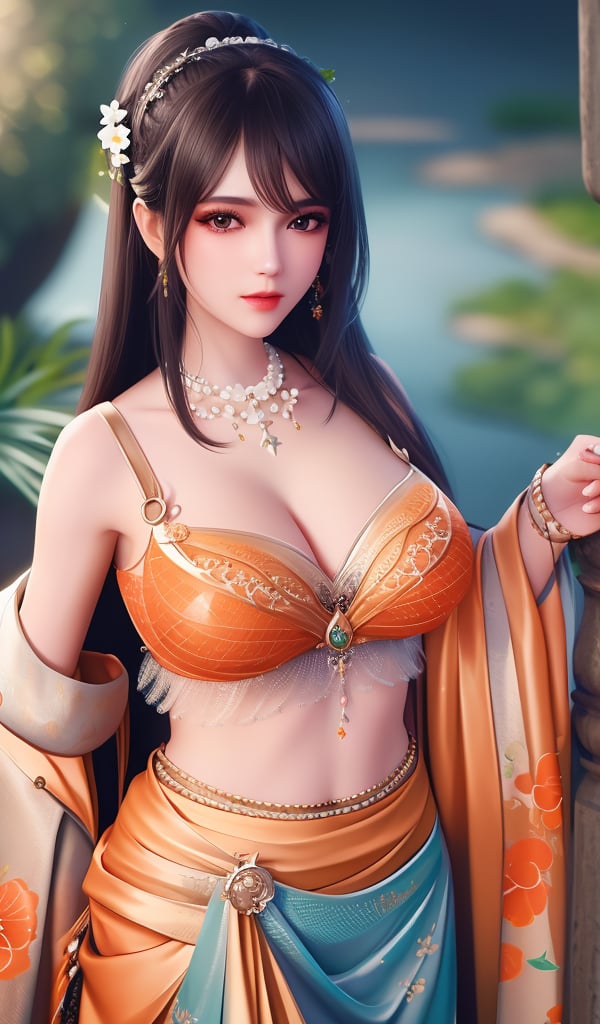 <lora:644-DA-神印王座-圣采儿-TYPE1:0.8>(,1girl, ,best quality, ),looking at viewer,  ,ultra detailed background,ultra detailed background,ultra realistic 8k cg,, ,masterpiece, (( , )),, ,      ,  orange blossoms,  (cleavage), (), ,,