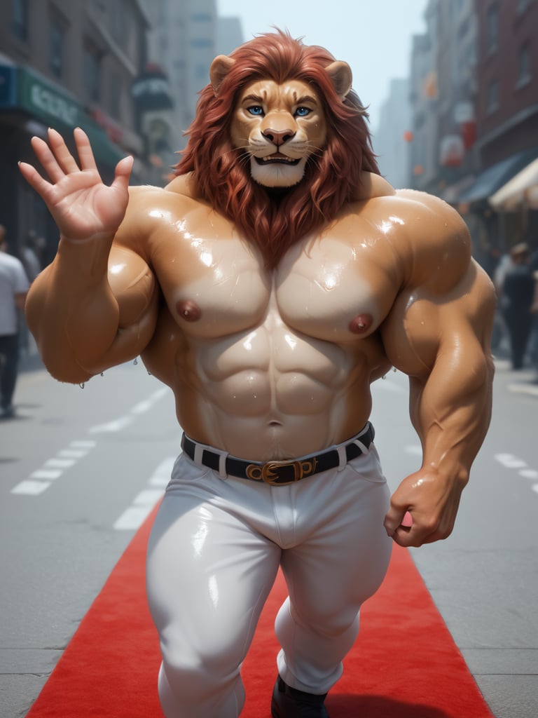 score_9, score_8_up, score_7_up, high quality, furry, male, lion, red hair, blue eye, hyper muscle, huge muscle, vein muscle, white pants, black shoe, oiled body, sweat, body shine, look at viewer, celebrity, waving, furry audience, city street background, red carpet, movie camera, film, retro, topless, white arm bandage, leather sleeveless jacket, smile, 5 fingers, paw