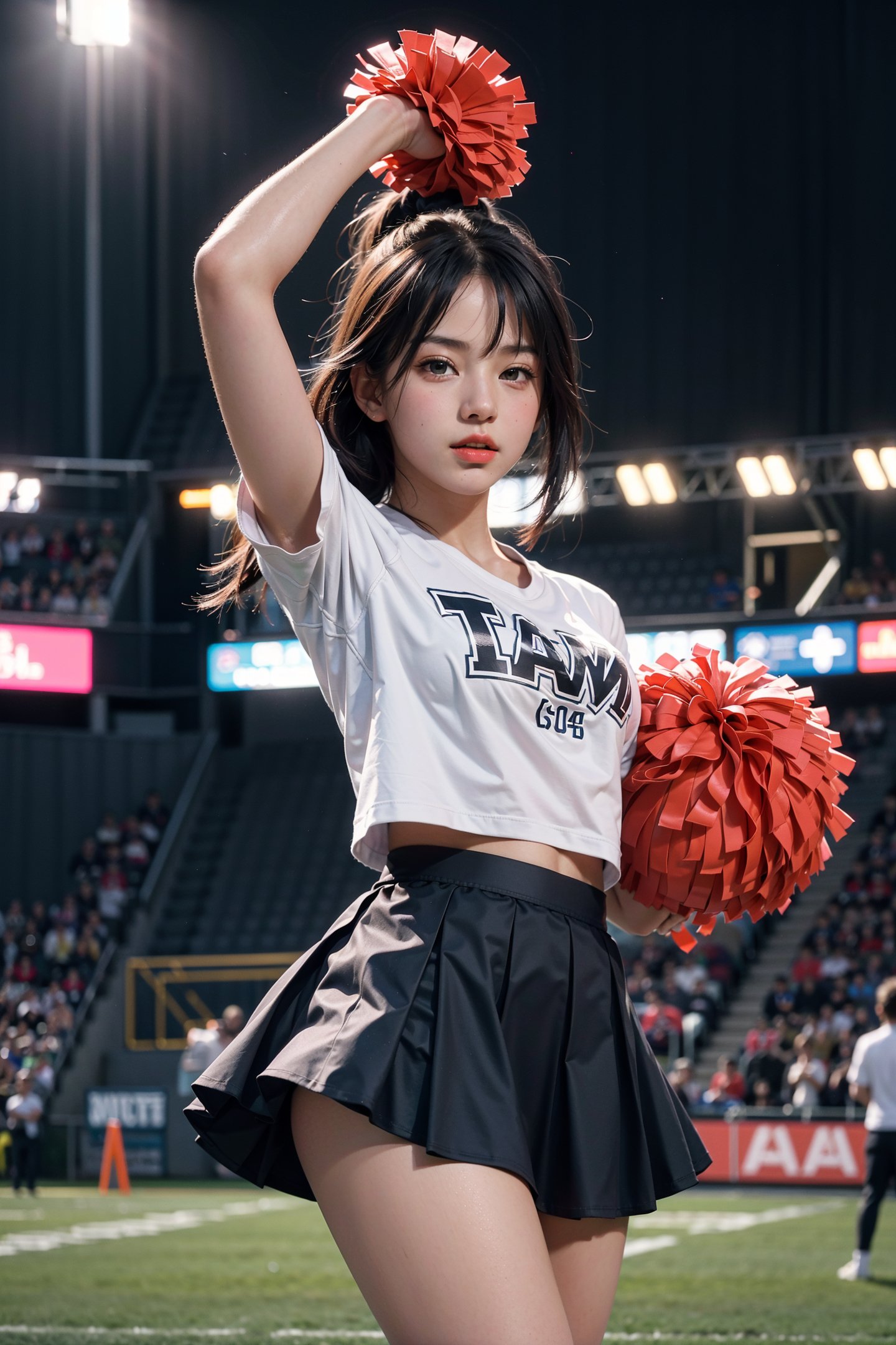 RAW photo, cheerleaders at a football game, crowd in the background, mooning, skirts, best quality, cinematic, best quality, 8k uhd, dslr, soft lighting, high quality, film grain,