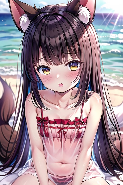 Nagato, brown_hair, petite, loli, see-through, beach,fox_ears<lora:EMS-179-EMS:0.300000>, <lora:EMS-402817-EMS:0.800000>