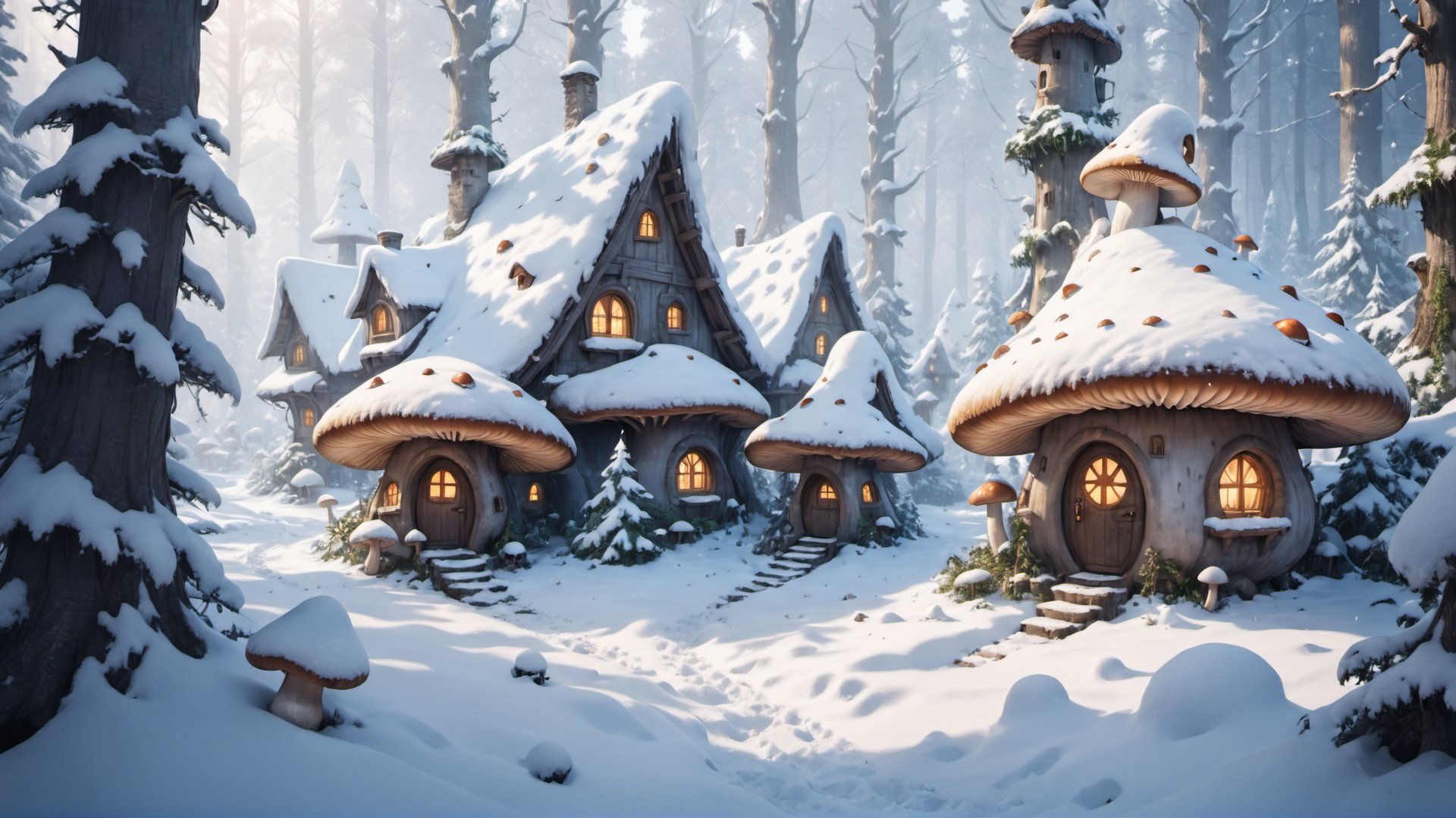 Dense fairy tale forest with mushroom houses covered in snow on christmas