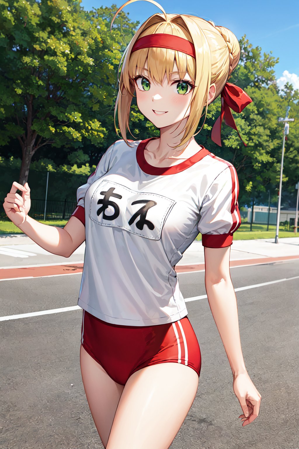 masterpiece, best quality, highres, aanero, ahoge, braid, single hair bun, red headband, green eyes, medium breasts, collarbone, gym uniform, white shirt, short sleeves, name tag, (red buruma:1.2), bare legs, <lora:nero_claudius_(fate)_v1:0.7>, standing, cowboy shot, outdoors, smile