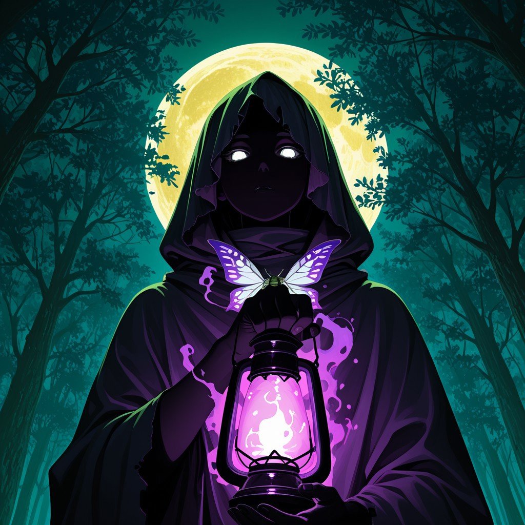DanmachiStyle,  a half body portrait of a mysterious moth man cultist emerging from the wood,  wrapped in a tattered dark...