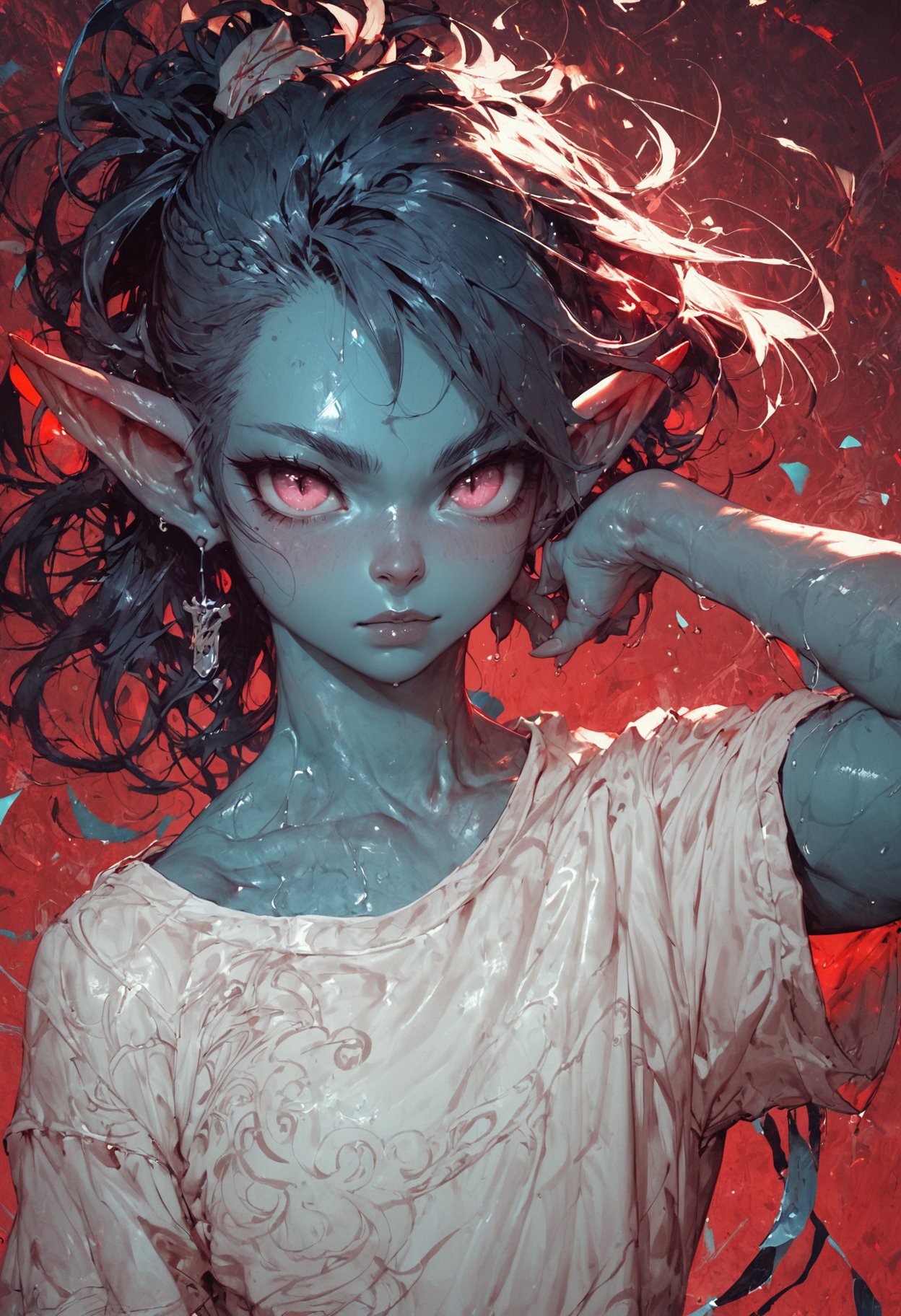 (score_9, score_8_up), score_7_up, zPDXL, solo,  <lora:MythAnim3Style:0.8>, MythAn1m3, source_anime, 1girl, young, curvy chest, xxl shirt, goblin ears, dark and blue skin, dark blue hair, pink eyes, wet body, black and red theme, monochrome, greyscale