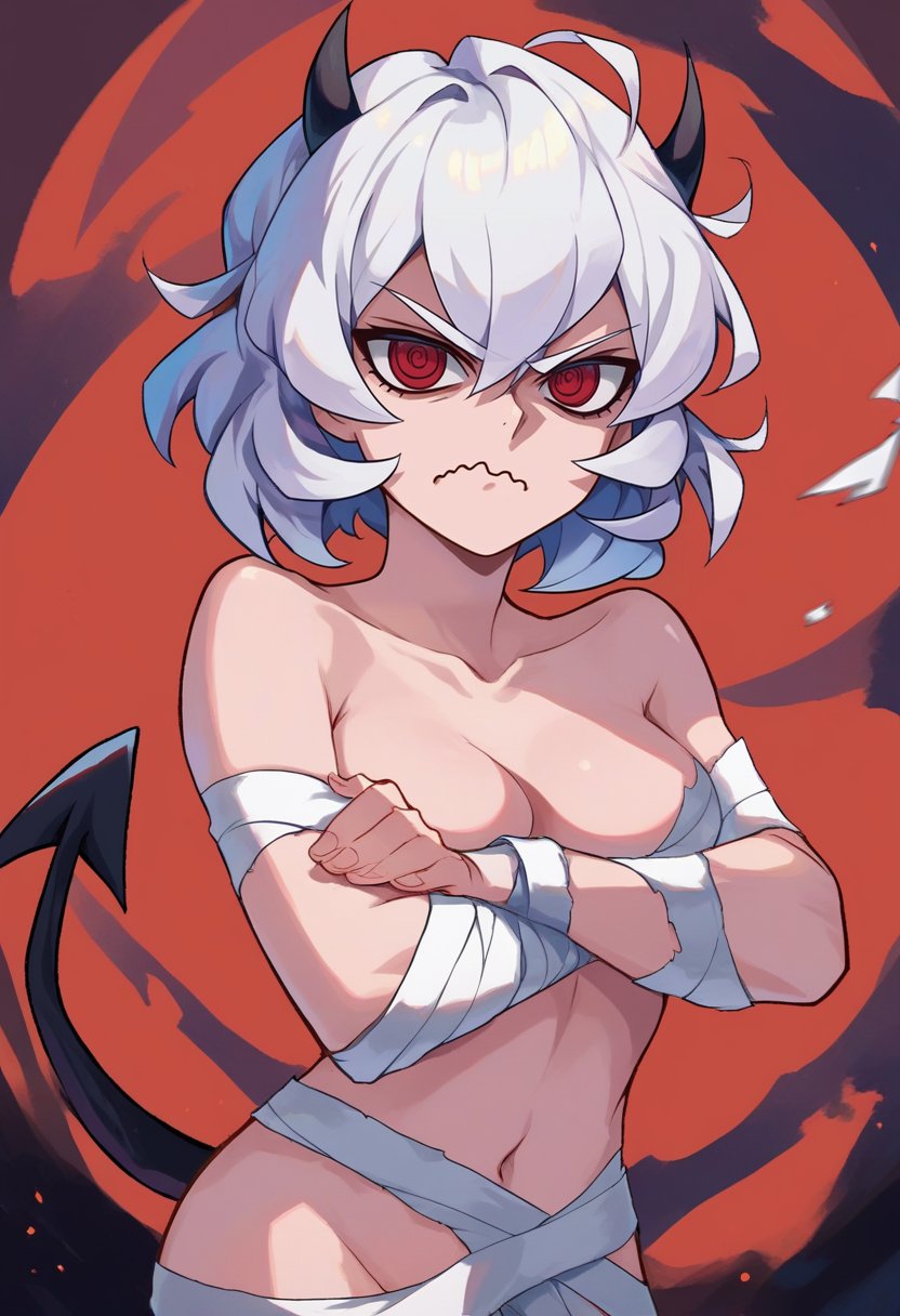 score_9, score_8_up, score_7_up, source_anime, rating_safe, cowboy shot, solo, 1girl, malina \(helltaker\), wavy mouth, angry, looking at viewer, crossed arms, white hair, horns, red eyes, naked bandage <lora:Smooth Anime Style LoRA XL:0.4> <lora:attire_nakedbandage_ponyXL-000005:1>