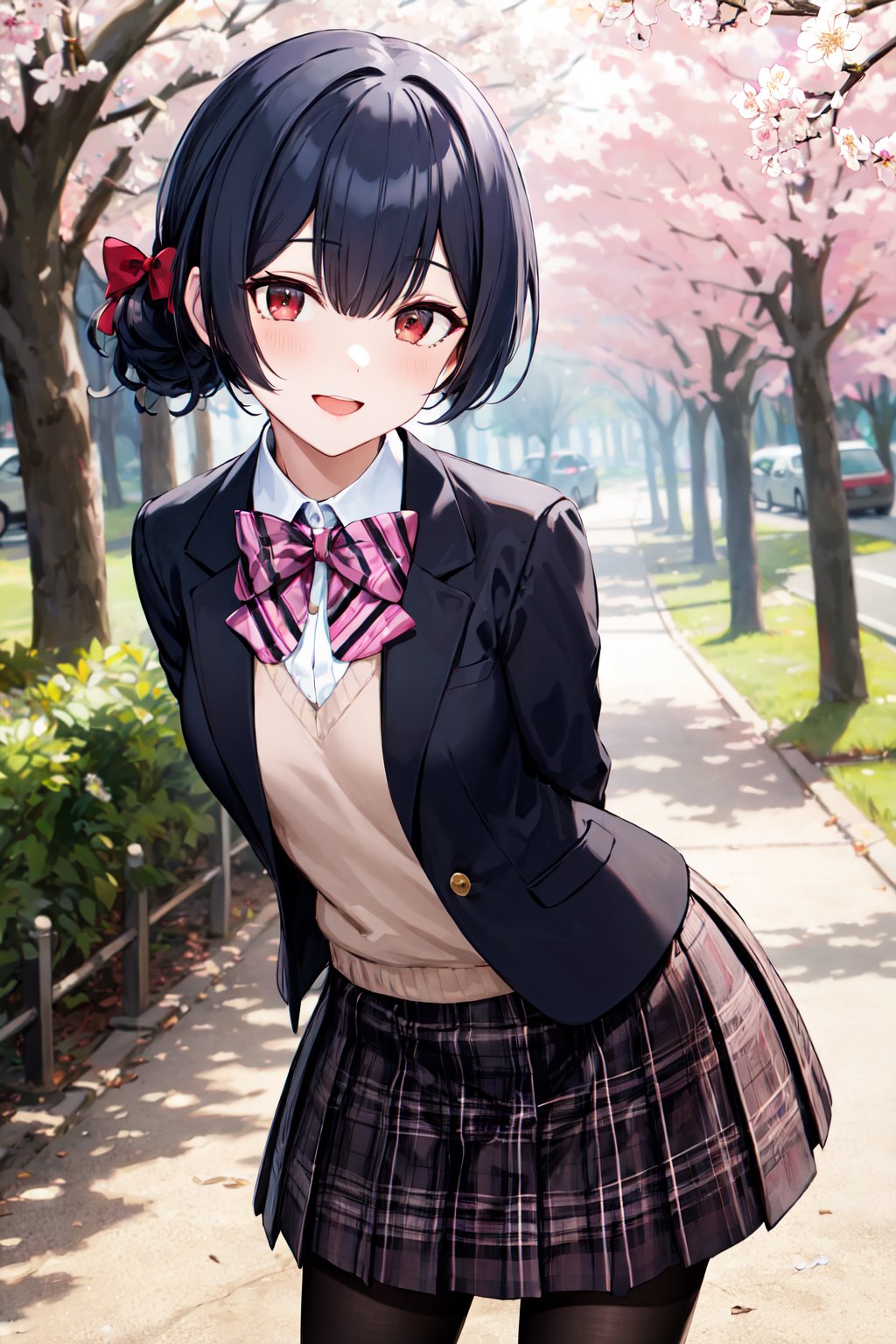 masterpiece, best quality, highres, ccrinze, short hair, single hair bun, hair bow, red bow, blazer, (black jacket:1.2), open jacket, sweater, long sleeves, plaid skirt, pleated skirt, brown skirt, black pantyhose, <lora:morino_rinze_v1:0.7>, smile, open mouth, standing, cowboy shot, leaning forward, outdoors, cherry blossoms, arms behind back,