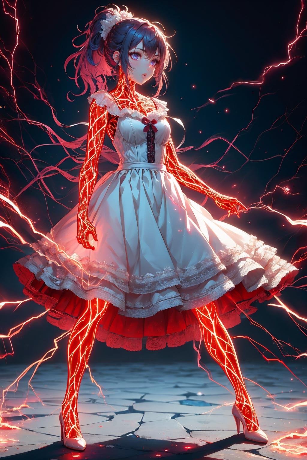 masterpiece, best quality,    <lora:glowingveins-nvwls-v1-000012:0.8> 1girl, glowingveins, red theme, glowing veins, purple hair, ponytail, white dress, high heels, wide shot, hand up, electricity, abstract background