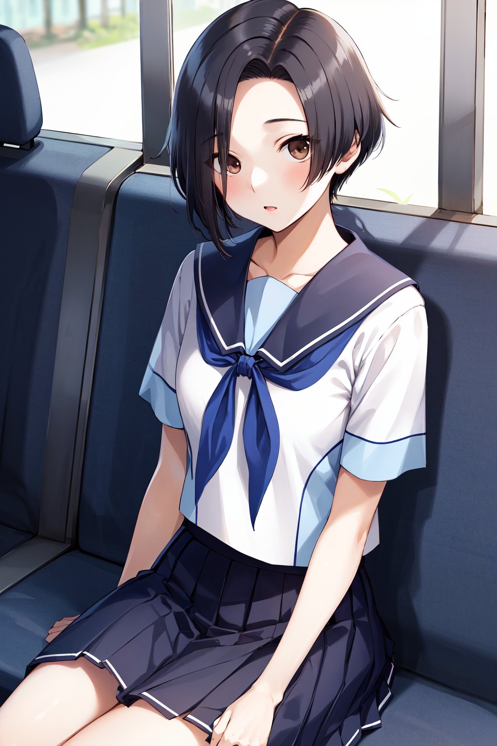 masterpiece, best quality, highres, aarinko, short hair, black hair, bob cut, serafuku, sailor collar, blue neckerchief, white shirt, short sleeves, pleated skirt, blue skirt, <lora:kobayakawa_rinko_v1:0.7>, sitting, bus interior,