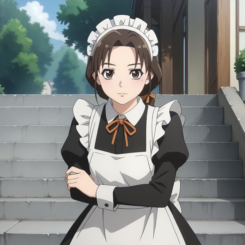 <lora:ISep4_TamakiMitamuraXLpony001>,looking at viewer,solo,TamakiMitamura,1girl,brown hair,braided ponytail,hair ribbon,brown eyes,mole under eye,outdoors,maid,