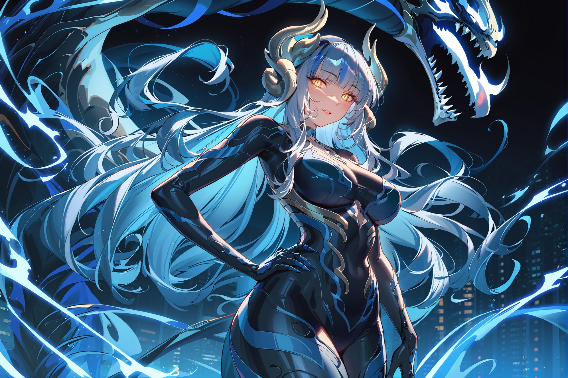 1girl,solo,golden eyes,slit pupils,glowing eyes,blue hair,white streaked hair,long hair,blunt bangs,large breasts,armor,bodysuit,symbiote,venom,dragon scale,dragon girl,dragon horns,hairband,(choker),cowboy shot,seductive smile,blush,licking lips,looking at viewer,hand on hip,hand between legs,masterpiece,bestquality,onnk,line art,line style,