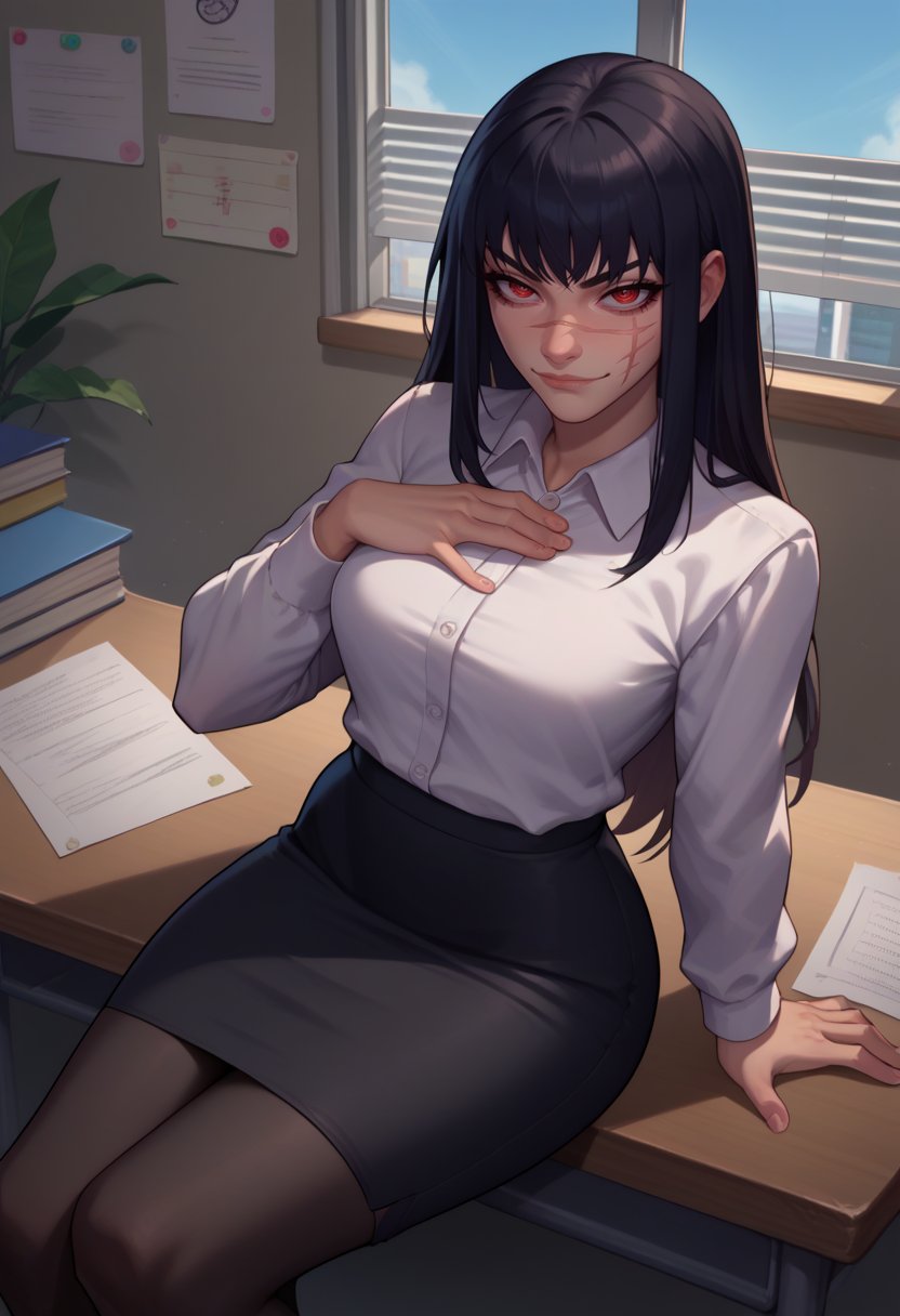 score_9, score_8_up, score_7_up, solo, 1girl, yoru, scar on cheek, cross scar, smirk, looking at viewer, sitting on desk, hand on own chest, long hair, black hair, red eyes, ringed eyes, white shirt, collared shirt, long sleeves, black skirt, pencil skirt, black pantyhose, indoors, office <lora:csm_yoru_mitaka_ponyXL:0.9>