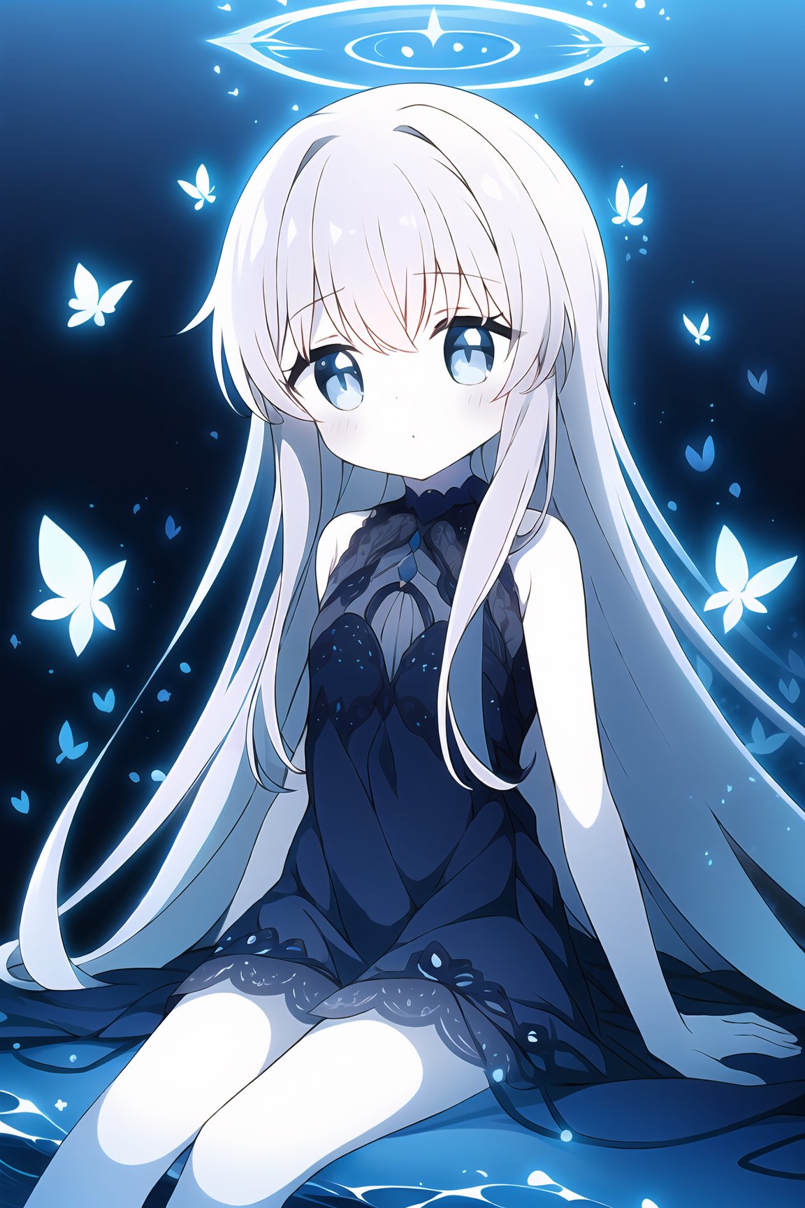 A captivating,  dreamlike anime girl sitting in a fantastical night landscape filled with swirling shades of dark blue,  d...