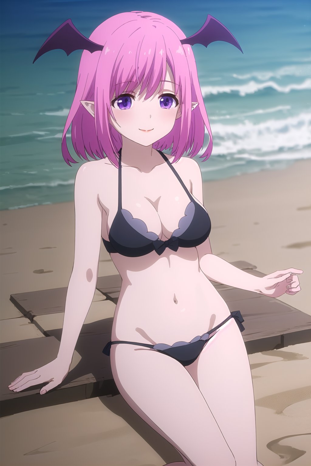 (masterpiece, best quality), highly detailed background, perfect lightingbest quality, ginnyfindesalva, solo, outdoors, beach, demon girl, pink hair, head wings, bat wings, hair between eyes, medium hair, purple eyes, pointy ears, medium breasts, black bikini, swimsuit, smile, closed mouth, :), pink lips, <lora:Ginny-Fin-de-Salva:0.7>