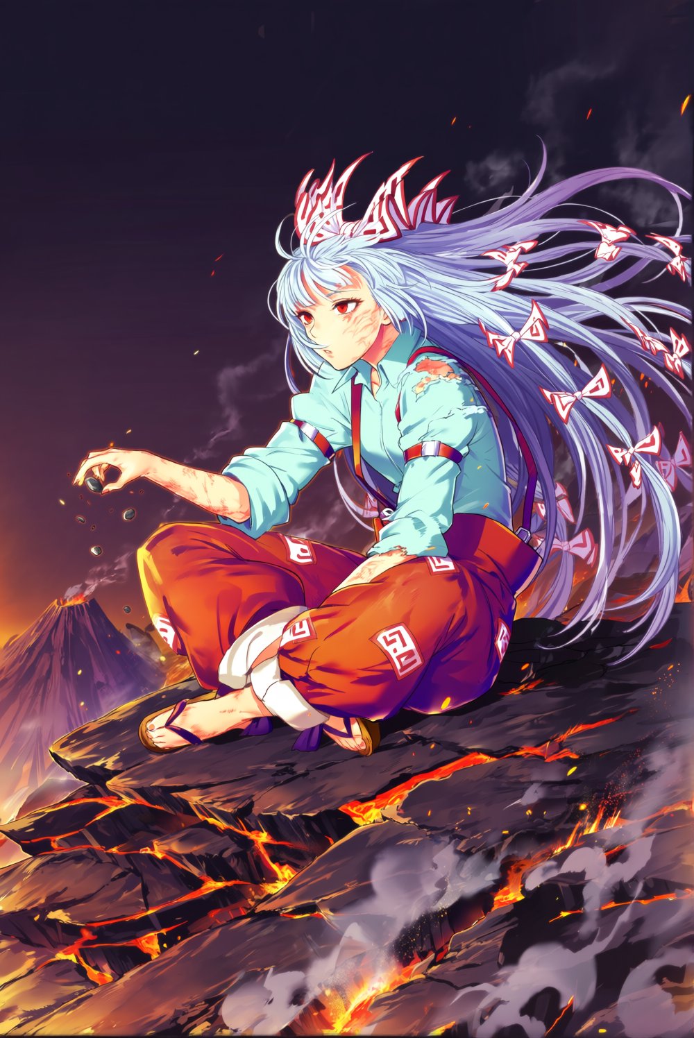 @cibo \(killy\). Fujiwara no Mokou sits cross-legged atop a scorched boulder on a volcanic ridge,  her long silver-white h...