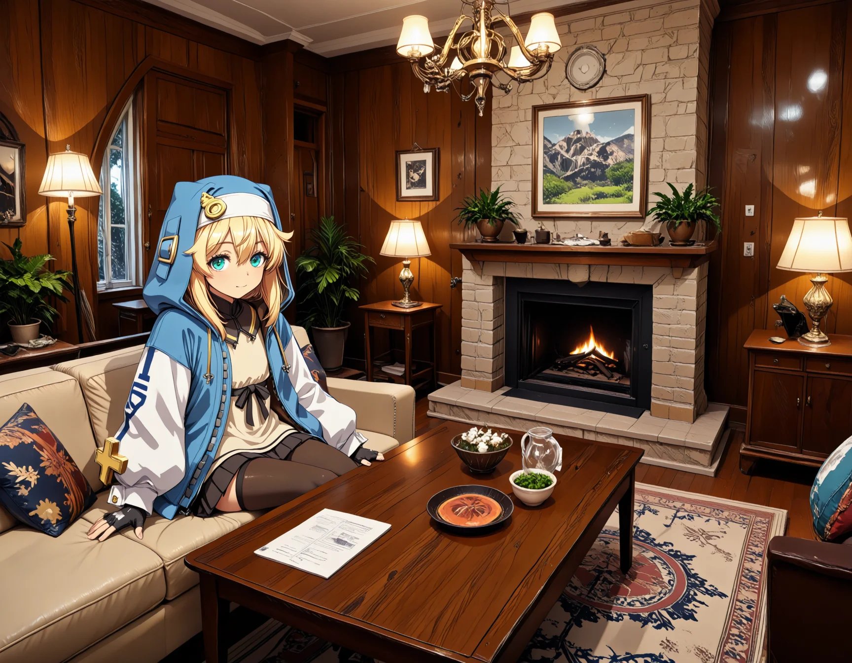 1girl,  bridget \(guilty gear\),  sitting by miaomiao on Tensor.Art
