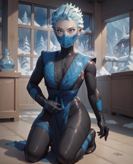 score_9,score_8_up,score_7_up,score_6_up,frostxl,blue eyes,short hair,mouth mask,black bodysuit,blue short pelvic curtain,gloves,winter,indoors,frozen dojo,night,indian style,kneeling,<lora:FrostD:1>,