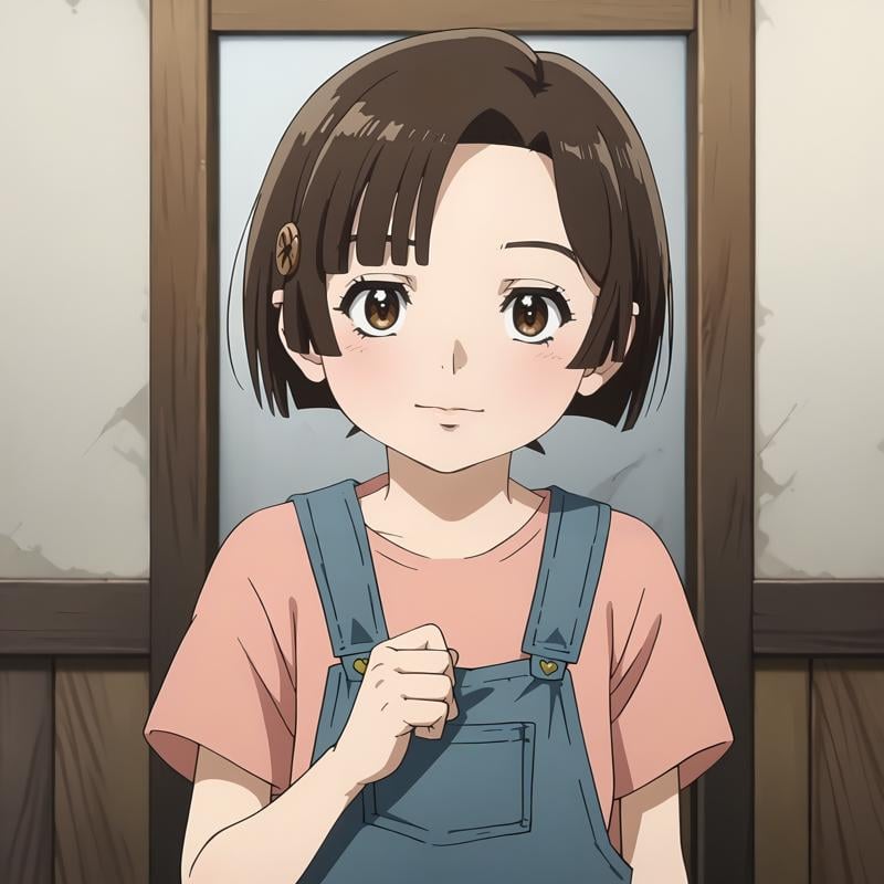 <lora:ISep4_TamakiMitamuraXLpony001>,looking at viewer,solo,KodomoTamaki,1girl,brown hair,short hair,hair_ornament,brown eyes,pink shirt,overalls,