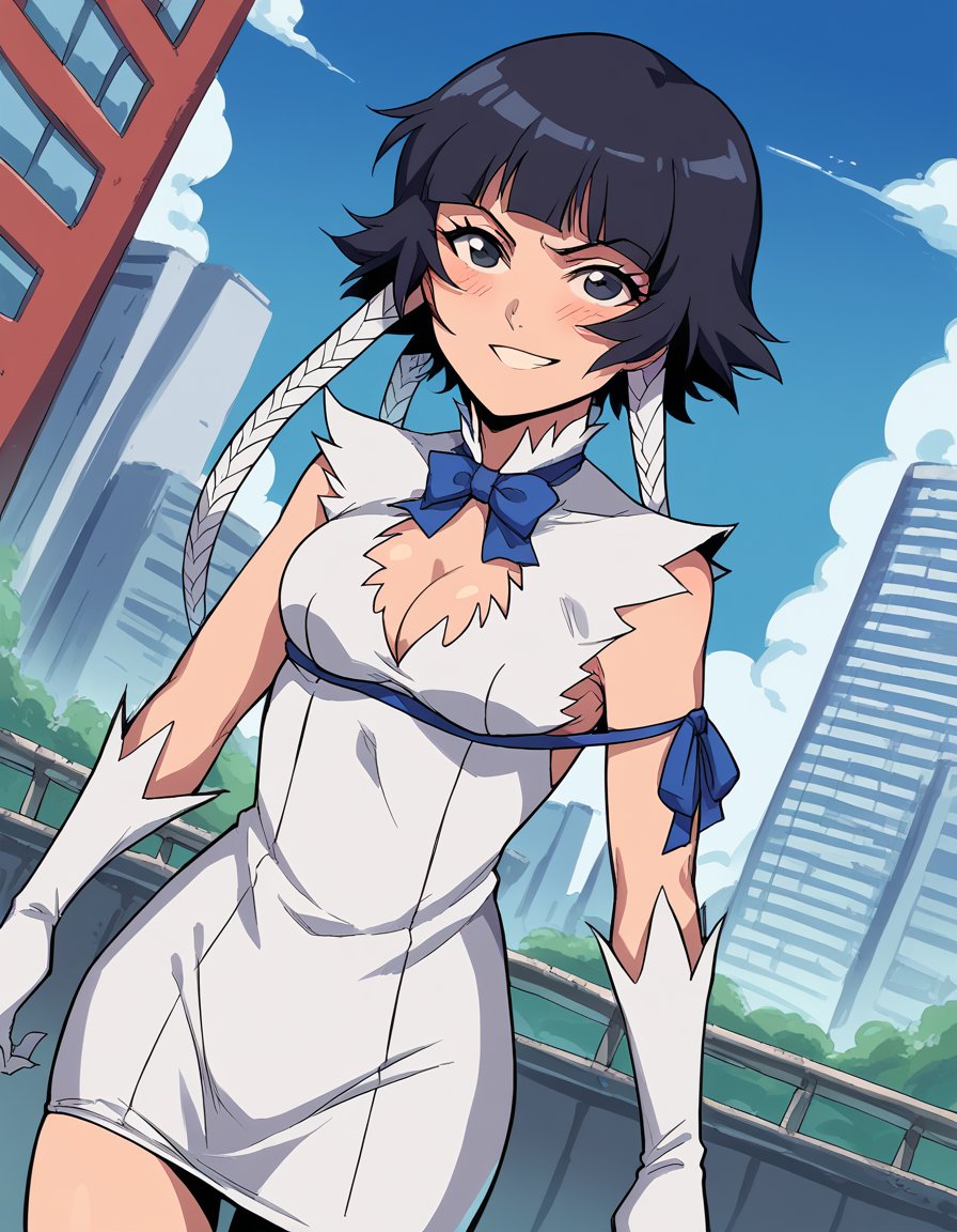 score_9, score_8_up, score_7_up, source_anime, <lora:soifon-anime-ponyxl-lora-nochekaiser:1>, soifon, short hair, bangs, black hair, short hair with long locks, black eyes,, <lora:hestia-cosplay-ponyxl-lora-nochekaiser:1>, hestiacosplay, hestia (danmachi) (cosplay), blue bow, blue bowtie, bow, bowtie, cleavage, cleavage cutout, clothing cutout, dress, gloves, pencil dress, rei no himo, short dress, white dress, white gloves, blue ribbon, arm ribbon,, outdoors, cityscape, street, smile, blush, , cowboy shot, dutch angle