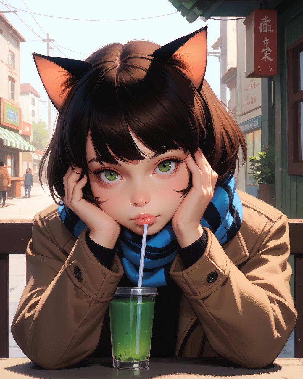 score_9, score_8_up, score_7_up, 1girl, solo, scarf, animal_ears, drinking_straw, brown_hair, short_hair, cat_ears, looking_at_viewer, head_rest, lips, coat, drink, cup, green_eyes, hands_on_own_face, drinking, long_sleeves, striped, bangs, <lora:neoniik:1> vibrant, glossy style, bold, vivid colors, soft shading and highlights, expressive eyes, Ilya Kuvshinov’s style, neoniik