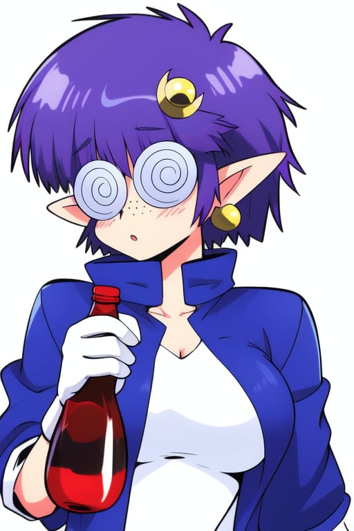 <lora:Arara_Cocoa:1>,  AraraCocoa, 1girl, coke-bottle glasses, freckles, solo, pointy ears, purple hair, crescent hair ornament, crescent, glasses, earrings, jewelry, hair ornament, white background, short hair, simple background, round eyewear, jacket, gloves, dress, white dress, bangs, breasts,masterpiece, high quality, very_high_resolution, large_filesize, full color,