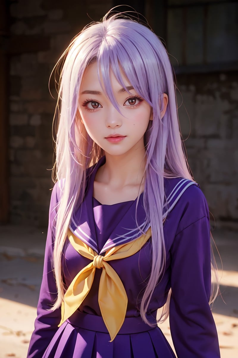 masterpiece, best quality, ultra-detailed, glistening shiny, glowing light, ray tracing, HDR, deph of field, (perfect face, detailed face), <lora:NgnlShiro:0.5>,  1girl, solo, ngnlshiro,  very long hair,  messy hair, flat chest, serafuku, purple shirt, purple skirt, yellow neckerchief, cowboy shot