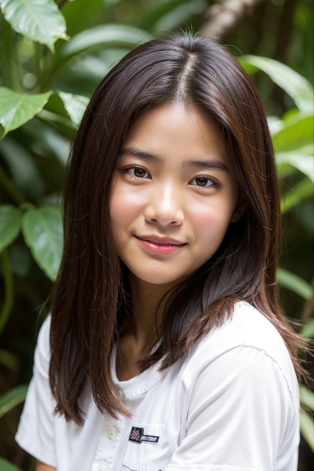 cute indonesian woman in a jungle,  medium hair,  close-up,  brown skin,  smile,  (white baseball shirt),  leaves