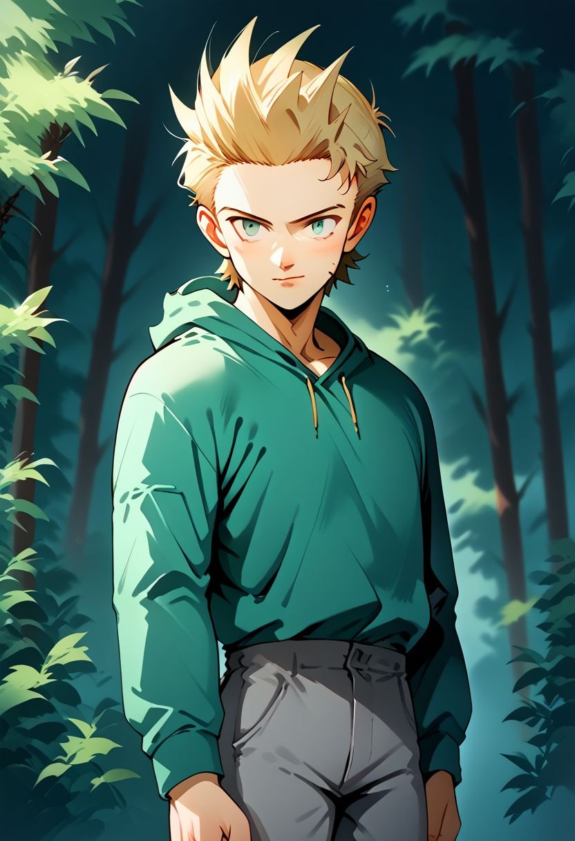 (Full color:1.0),(score_9, score_8_up, score_7_up:0.8),source_anime, (xsiestx:1.2) ,up standing, portrait, beautifull colors, young man in forest, blonde, green sweatshirt, gray pants, black boots