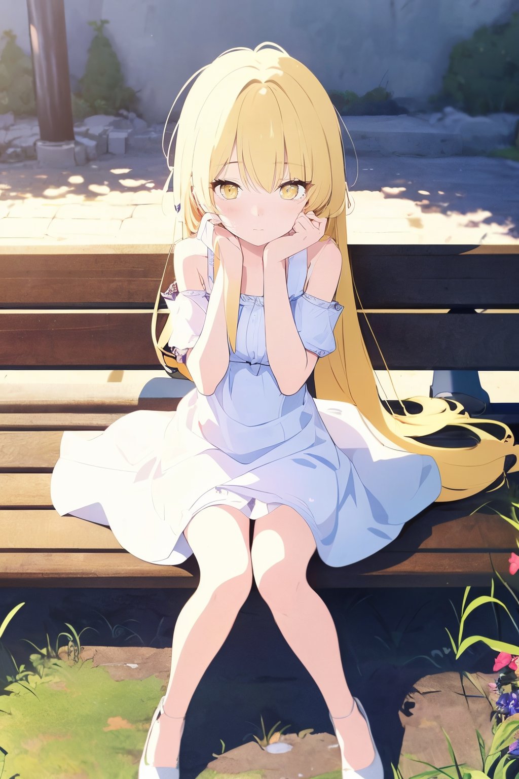 (A 25 year old girl with long blonde hair and yellow eyes, wearing a long white dress) (With a shy expression on her face) (sitting on the bench) (Full body display),<lora:BA_v1_wd14_LoRA:0.8>,