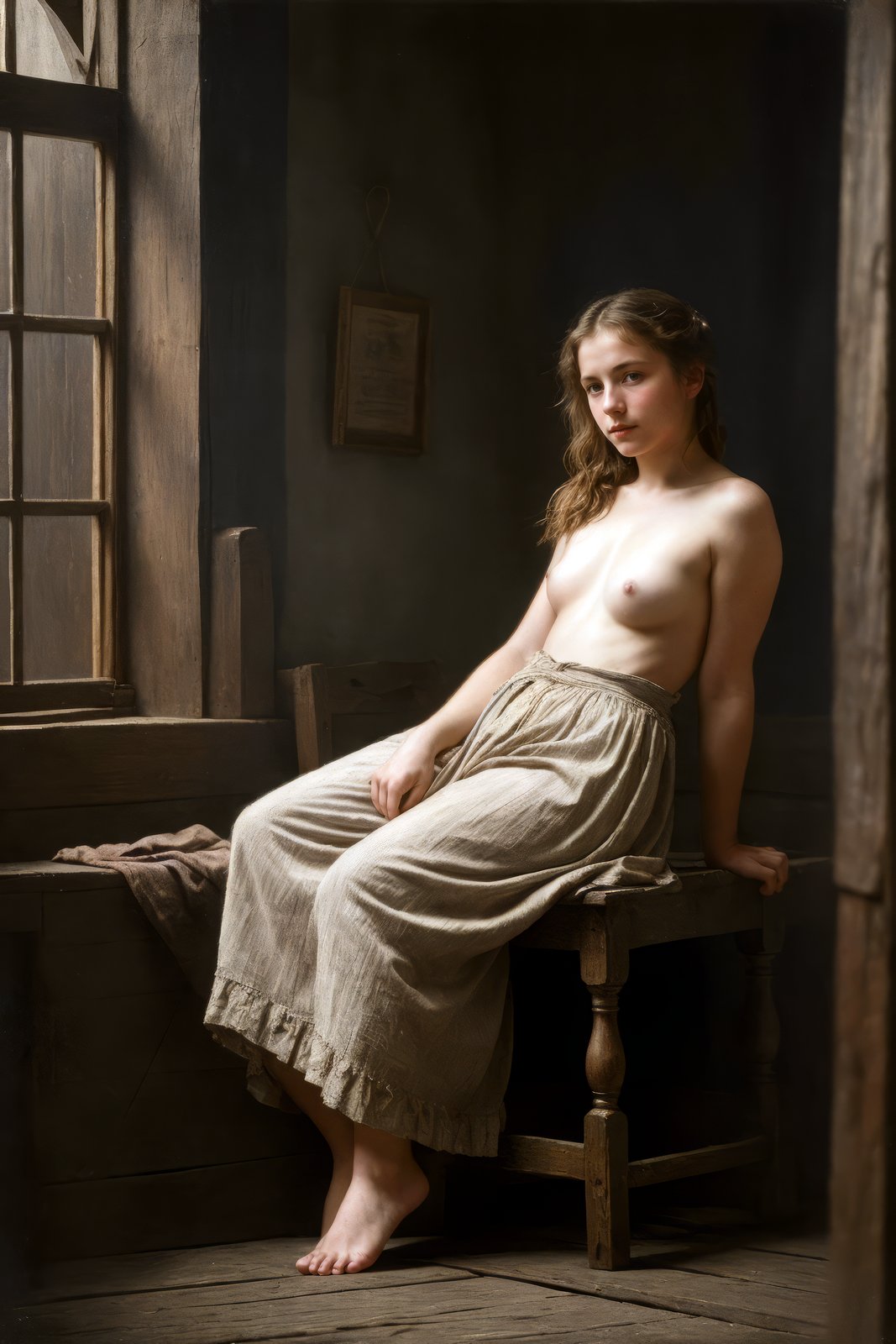 award winning epic masterpiece conveying a sense of sensuality, full body shot photo of a feverish pretty irish peasant girl in the 19th century, getting undressed, undressing in a dark poor room, intricately detailed, exquisite natural lighting, cinematic LUT