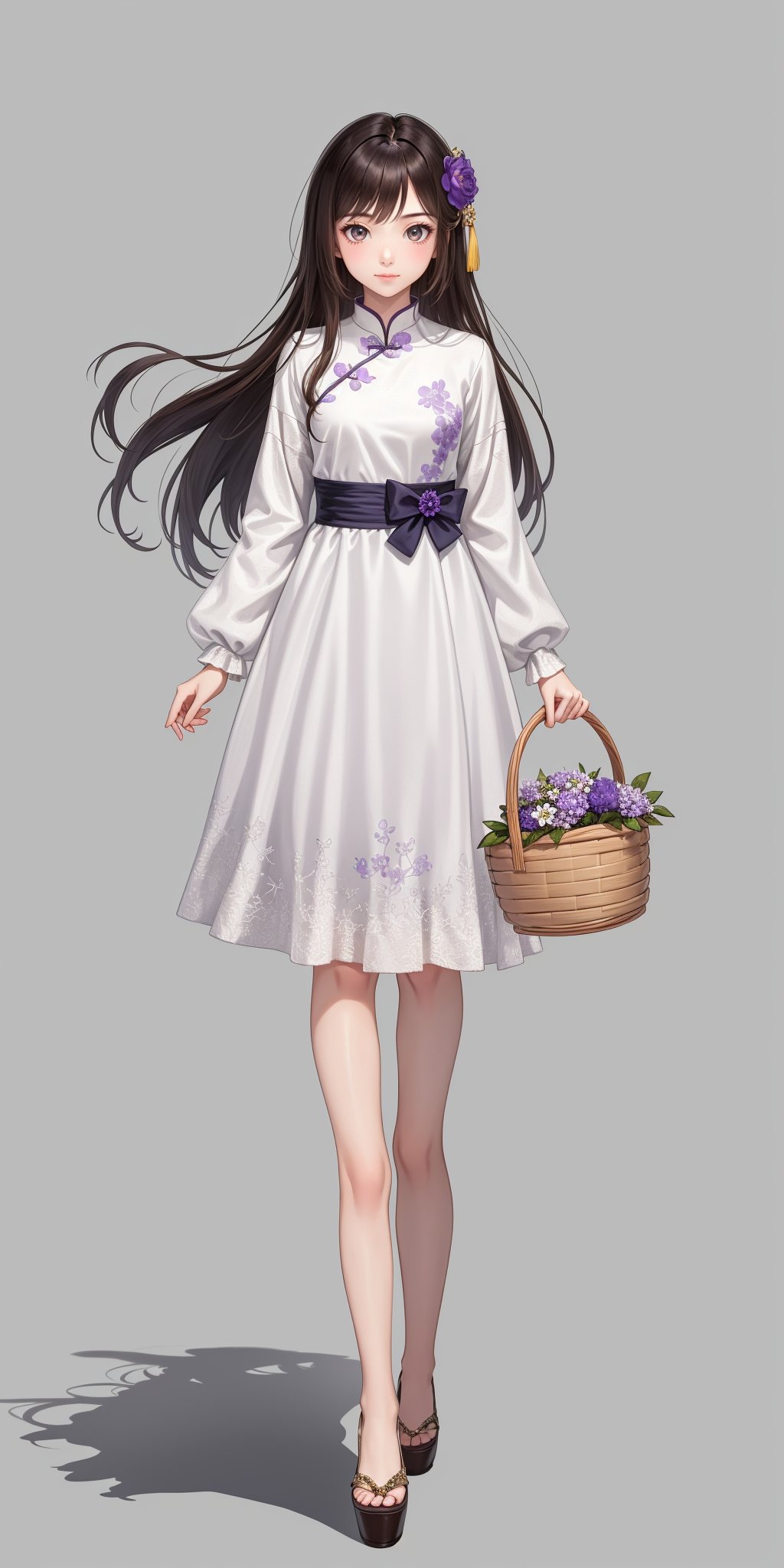 1girl,basket,solo,brown hair,long hair,flower,hair ornament,full body,hair flower,holding basket,standing,dress,holding,grey background,chinese clothes,shadow,looking at viewer,jewelry, <lora:sur Mix_20240223010857-000016:0.3>