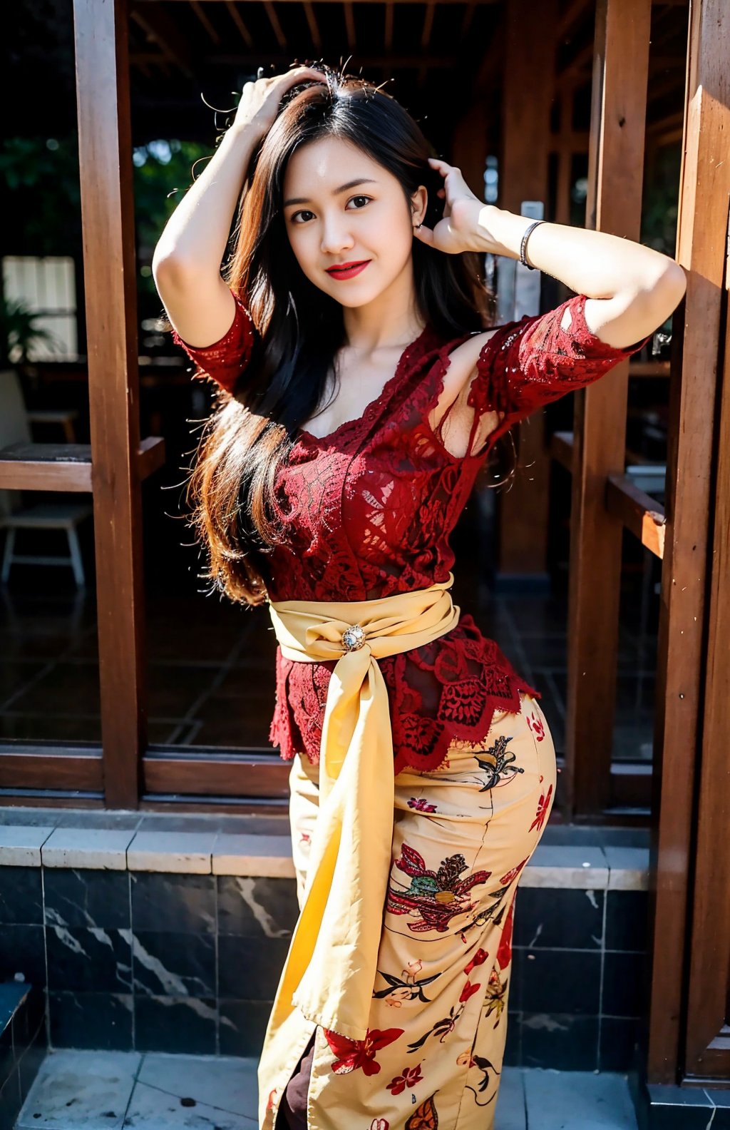 1girl, a young asian woman with,busty,dynamic pose,sexy smile,eye glas,armpit,hourglass body,sexy body,eye on camera, standing <lora:kebaya2:0.7>,kebaya bali,red kebaya,add detail,indonesian,long hair,asian idol face,masterpiece, ultra realistic,32k,intricate details, sharp focus, realistic, closed mouth, full body, realistic, looking_at_viewer, irene1, wet skin, shiny skin,arm up pose, armpit,asian idol face,goddes face,cowboy shot