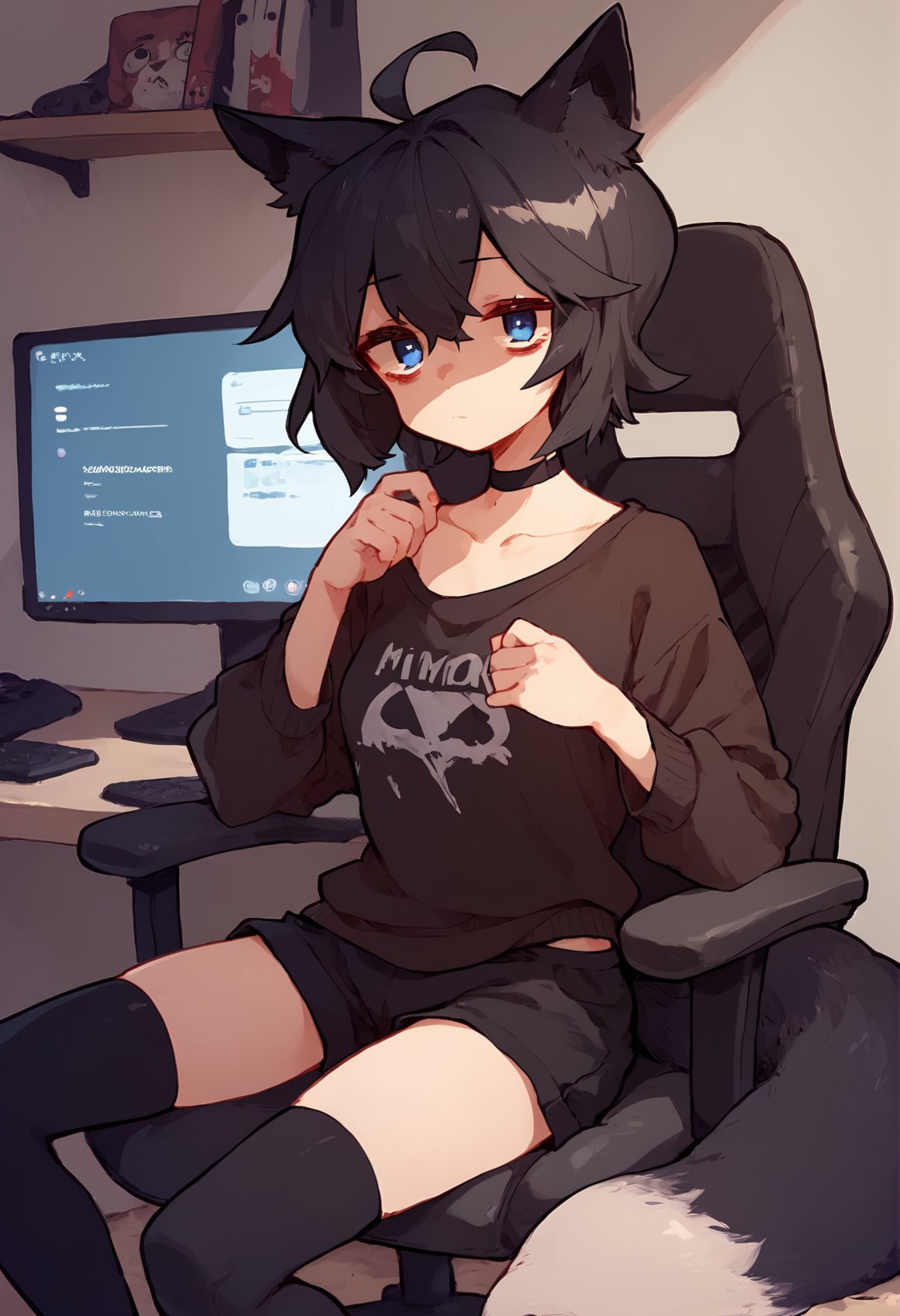 (score_9), score_8_up, score_7_up, zPDXL, 1girl, black hair, blue eyes, ahoge, short hair, (black tail), fox ears, fox tail, depressed, bags under eyes, black sweater, black shorts, sitting, indoors, gaming chair, computer, monitor, looking at viewer, expressionless, black thighhighs, black choker, rimukoro, <lora:Rimukoro_Style_XL_Pony-11:1>