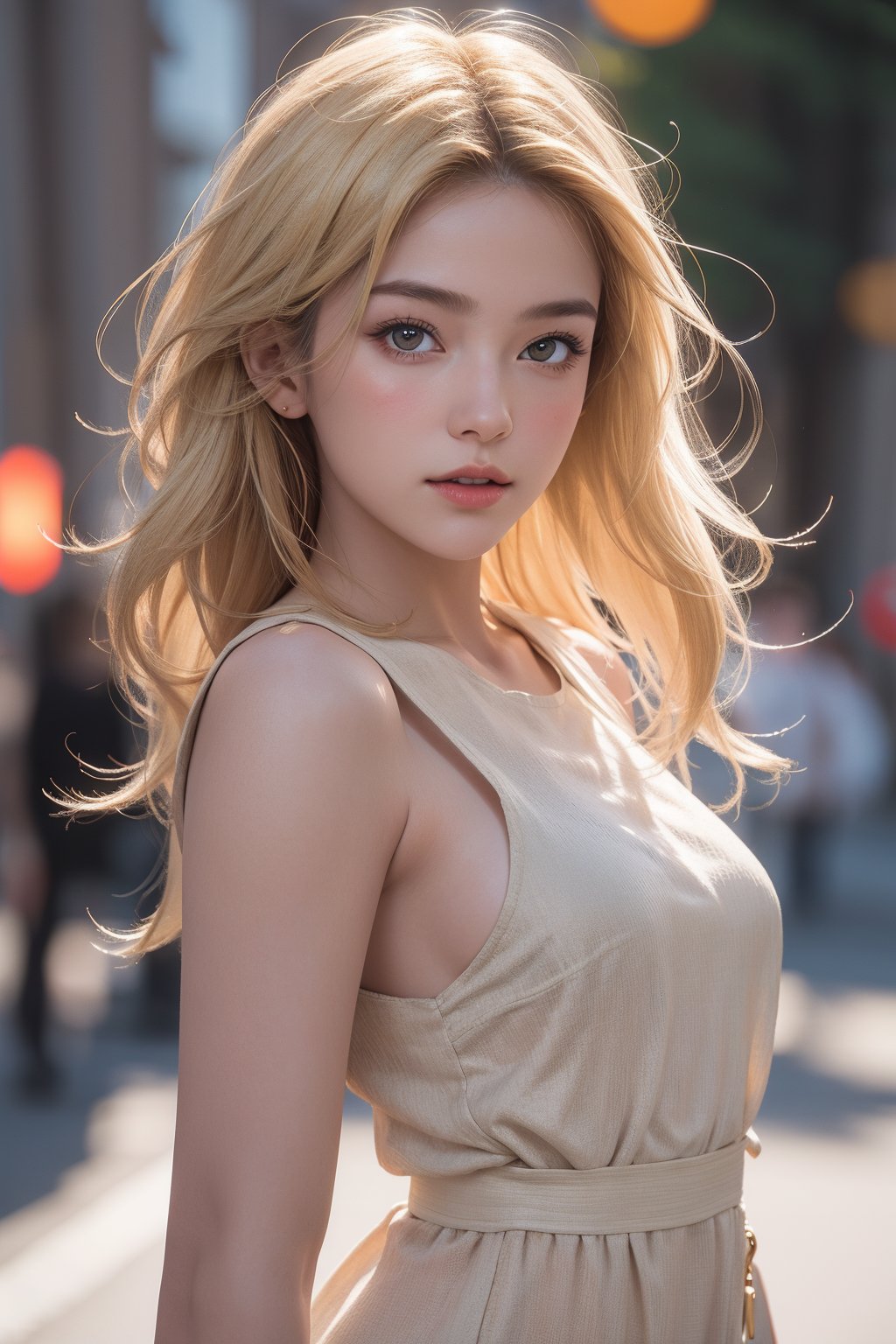 1girl, Beautiful face, (photo realistic:1.3), rim lighting, (high detailed skin:1.2), 8k uhd, dslr, high quality, high resolution, 4k, 8k, Bokeh, absurdres, (realistic:1.3), blonde hair, wearing dress,