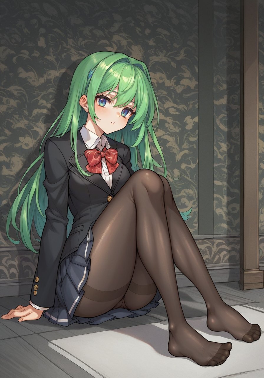 score_9, score_8_up, score_7_up, score_6_up, high quality, masterpiece, 8k, highres, highly detailed,anime,1girl, no shoes, innocent, pantyhose, green hair, pleated skirt, long hair, school uniform, black theme, black blazer, black shirt, black skirt, red trim, 