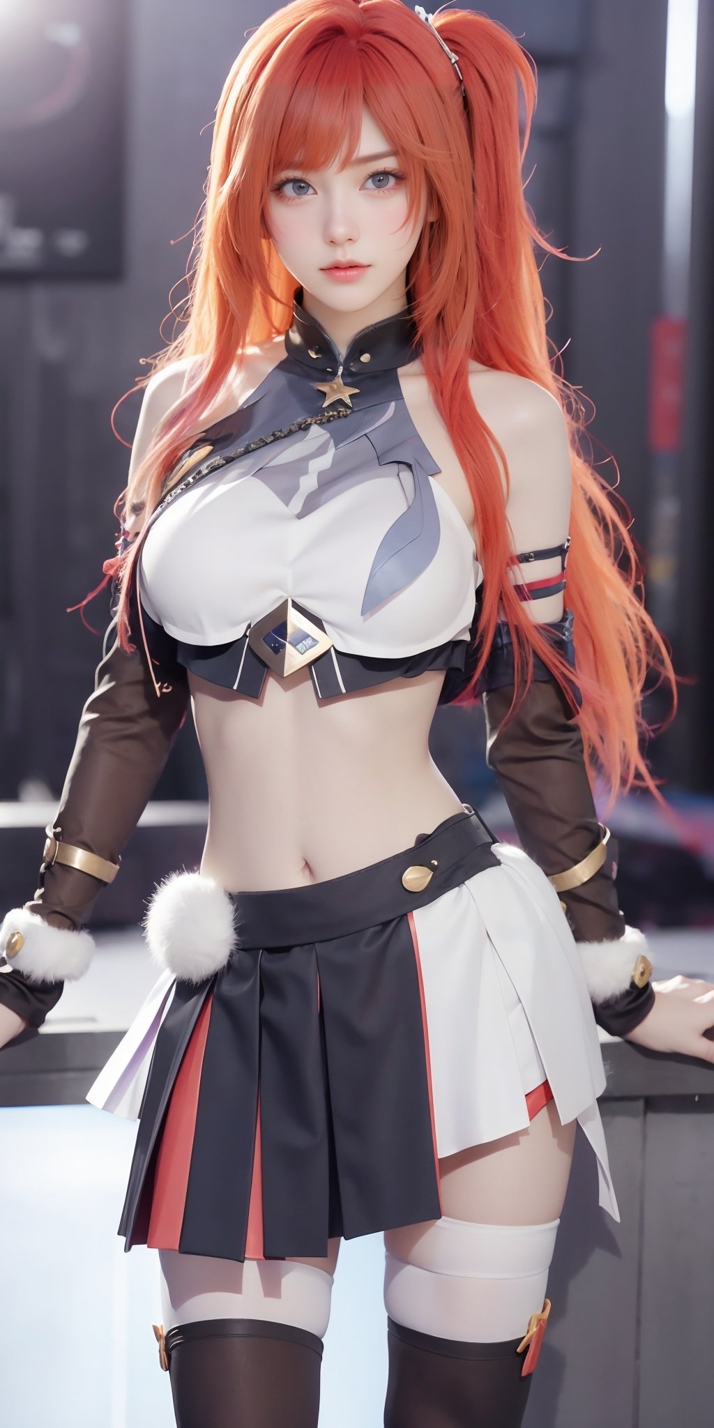 <lora:XNDY_20240201144655-000005:0.75>,XNDY,1girl,solo,blue eyes,navel,orange hair,midriff,long hair,looking at viewer,red hair,cosplay,skirt,crop top,one side up,blurry background,side ponytail,thighhighs,detached sleeves,realistic,bangs,bare shoulders,white pantyhose,boots,black footwear,fur trim,white thighhighs,pleated skirt,shirt,pom pom \(clothes\),black shorts,white shirt,sleeveless shirt,<lora:MHB:0.2>,, (raw photo:1.2),((photorealistic:1.4))best quality,masterpiece,illustration,an extremely delicate and beautiful,extremely detailed,CG,unity,8k wallpaper,Amazing,finely detail,masterpiece,best quality,official art,extremely detailed CG unity 8k wallpaper,absurdres,incredibly absurdres,huge filesize,ultra-detailed,highres,extremely detailed,beautiful detailed girl,cinematic lighting,1girl,pale skin,tall female,(perfect body shape),skinny body,Slender legs,, pale skin,tall man,long legs,thin leg,