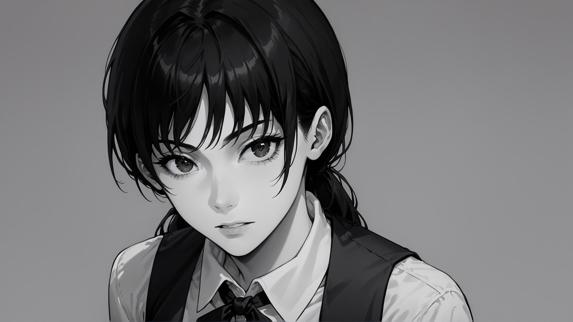 score_9, score_8_up, score_7_up, looking at viewer, <lora:YoruAsa_Chainsaw_man:1>, asa_mitaka, brown eyes, black hair, black ribbon, black pinafore dress, dark, emotionless, monochrome, simple background