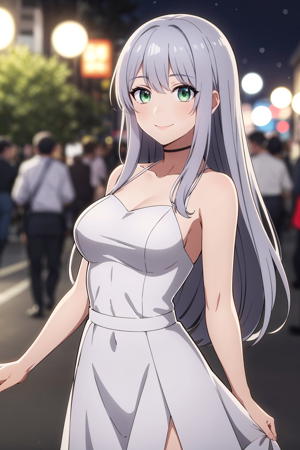 masterpiece, best quality, absurdres, solo,long hair, wavy hair, silver hair, green eyes, medium breasts, white dress, seductive smile, undersized clothes,bokeh, street, night, looking at viewer, crowd,