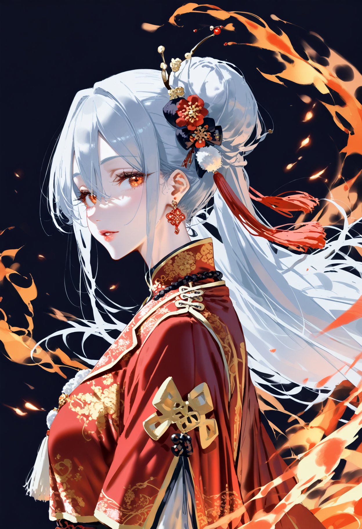 score_9, score_8_up, score_7_up, 1girl, bangs, hanfu, chinese clothes, tassel earrings, fire, floating hair, from side, hair between eyes, hair ornament, jewelry, lips, long hair, looking at viewer, looking to the side, orange eyes, parted lips, phoenix, red eyes, solo, white hair <lora:Chang'an Yimeng [445505]:0.8>