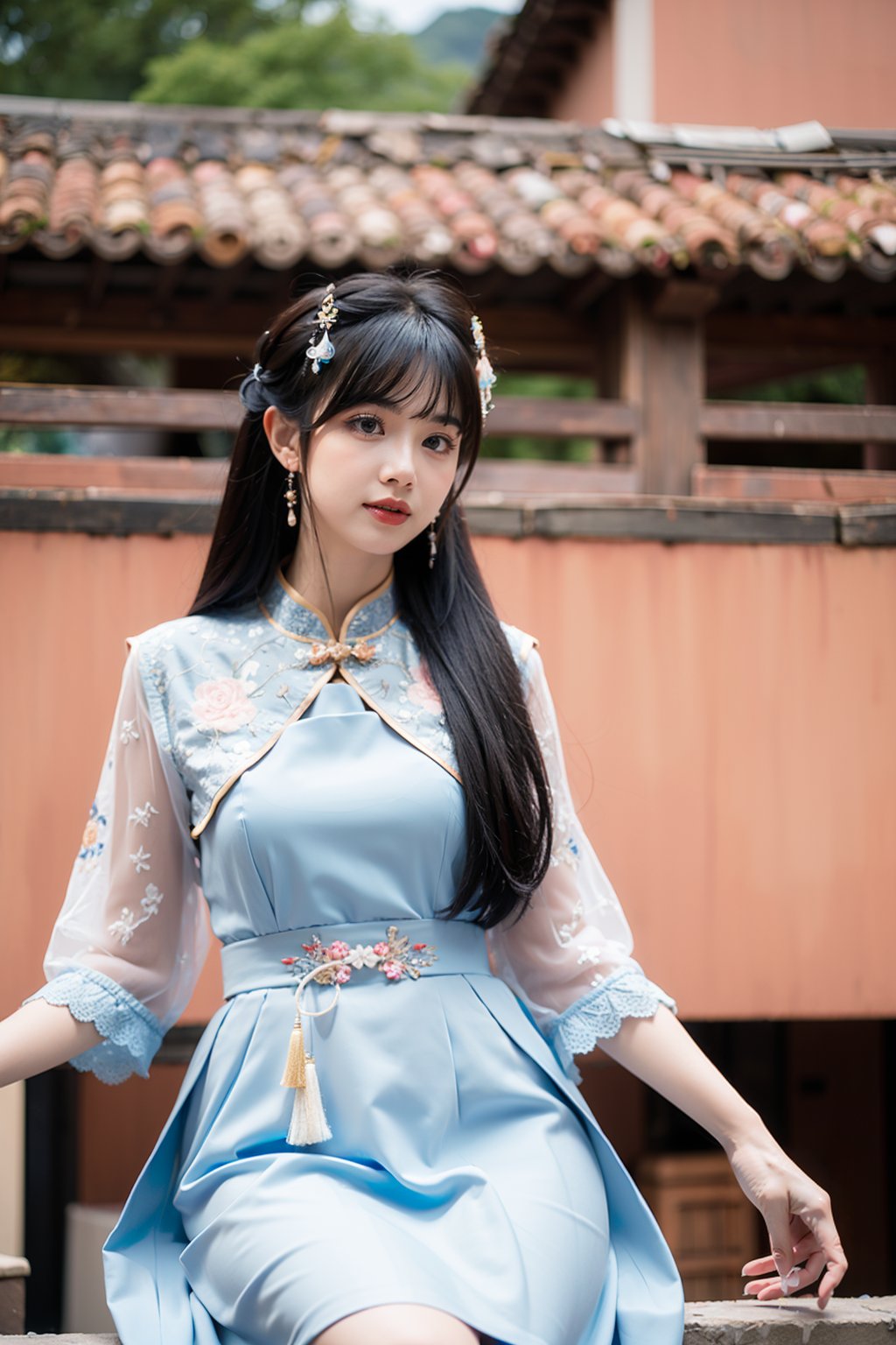 a young woman with long black hair,adorned with a hair ornament. She is wearing a traditional Chinese dress,which is predominantly white with blue accents. The dress has intricate lace detailing. She is seated on a structure,possibly a balcony or ledge,surrounded by greenery. The background is blurred,emphasizing the subject,and it appears to be an old town or village setting with traditional buildings.,